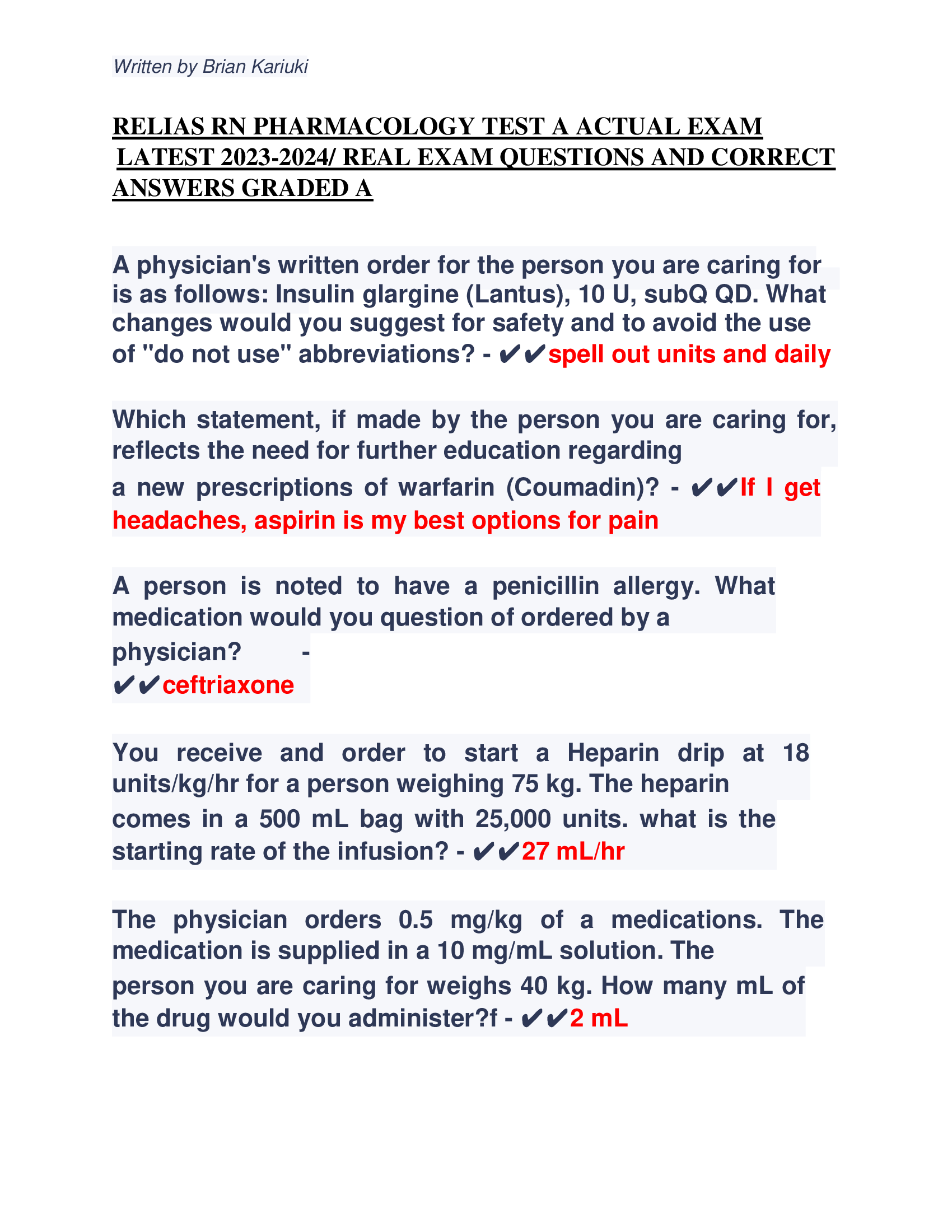 RELIAS RN PHARMACOLOGY TEST A ACTUAL EXAM  LATEST 2023-2024, REAL EXAM QUESTIONS AND CORRECT  ANSWERS GRADED A