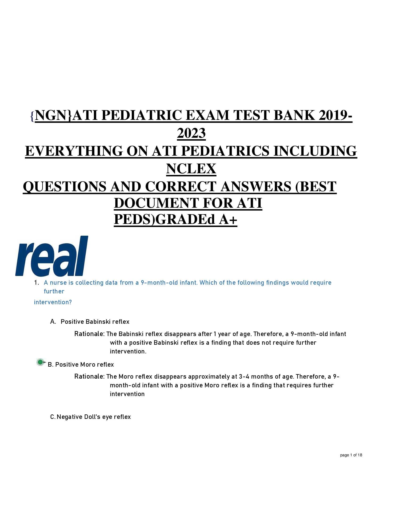 {NGN}ATI PEDIATRIC EXAM TEST BANK 2019- 2023  EVERYTHING ON ATI PEDIATRICS INCLUDING  NCLEX  QUESTIONS AND CORRECT ANSWERS (BEST  DOCUMENT FOR ATI  PEDS)GRADEd A+
