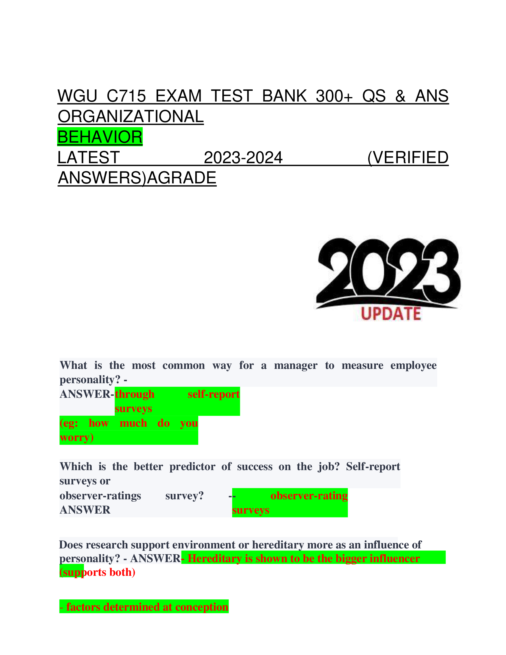 WGU C715 EXAM TEST BANK 300+ QS & ANS  ORGANIZATIONAL  BEHAVIOR LATEST 2023-2024 (VERIFIED  ANSWERS)AGRADE