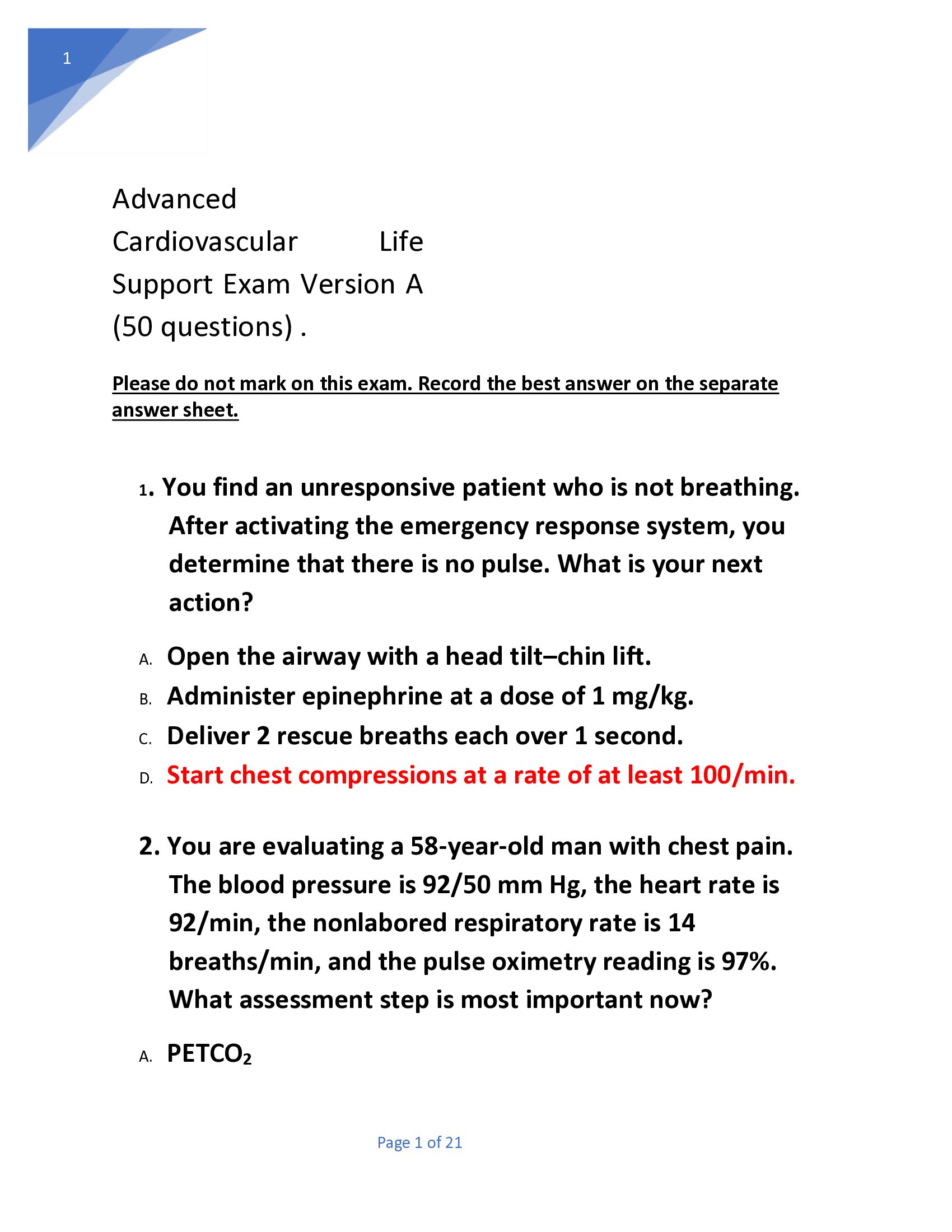 Advanced  Cardiovascular Life  Support Exam Version A  (50 questions) .