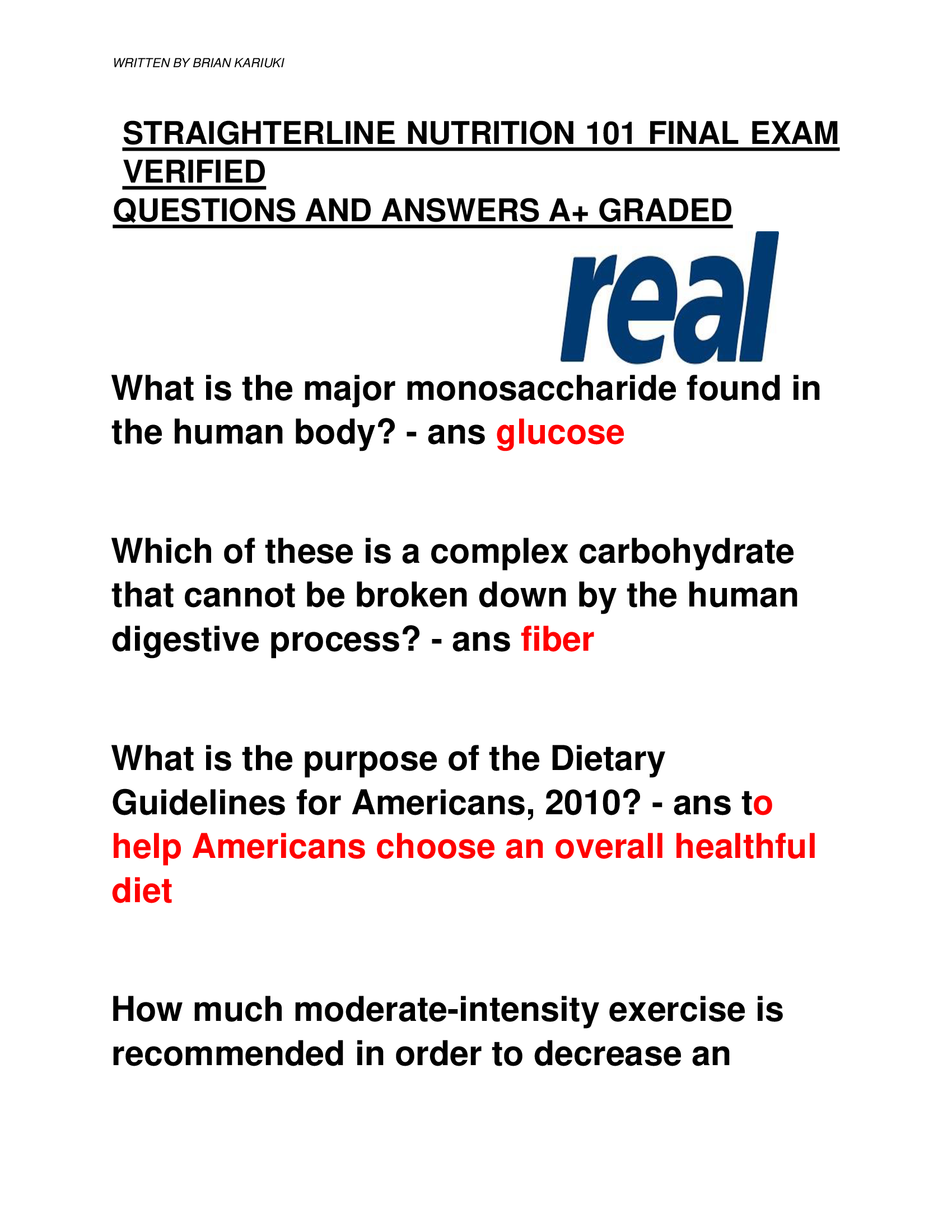 STRAIGHTERLINE NUTRITION 101 FINAL EXAM  VERIFIED  QUESTIONS AND ANSWERS A+ GRADED