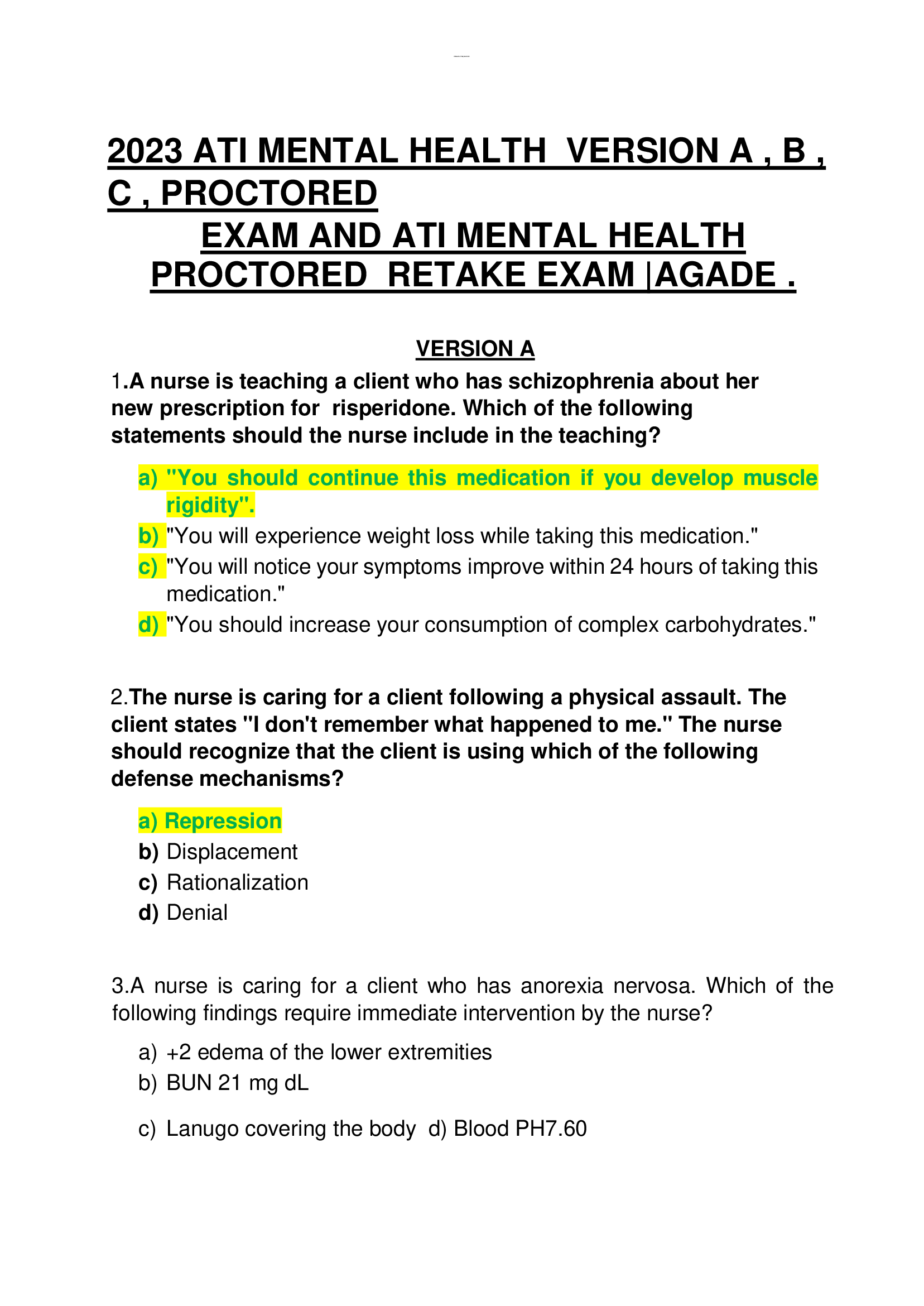 2023 ATI MENTAL HEALTH VERSION A , B , C , PROCTORED EXAM