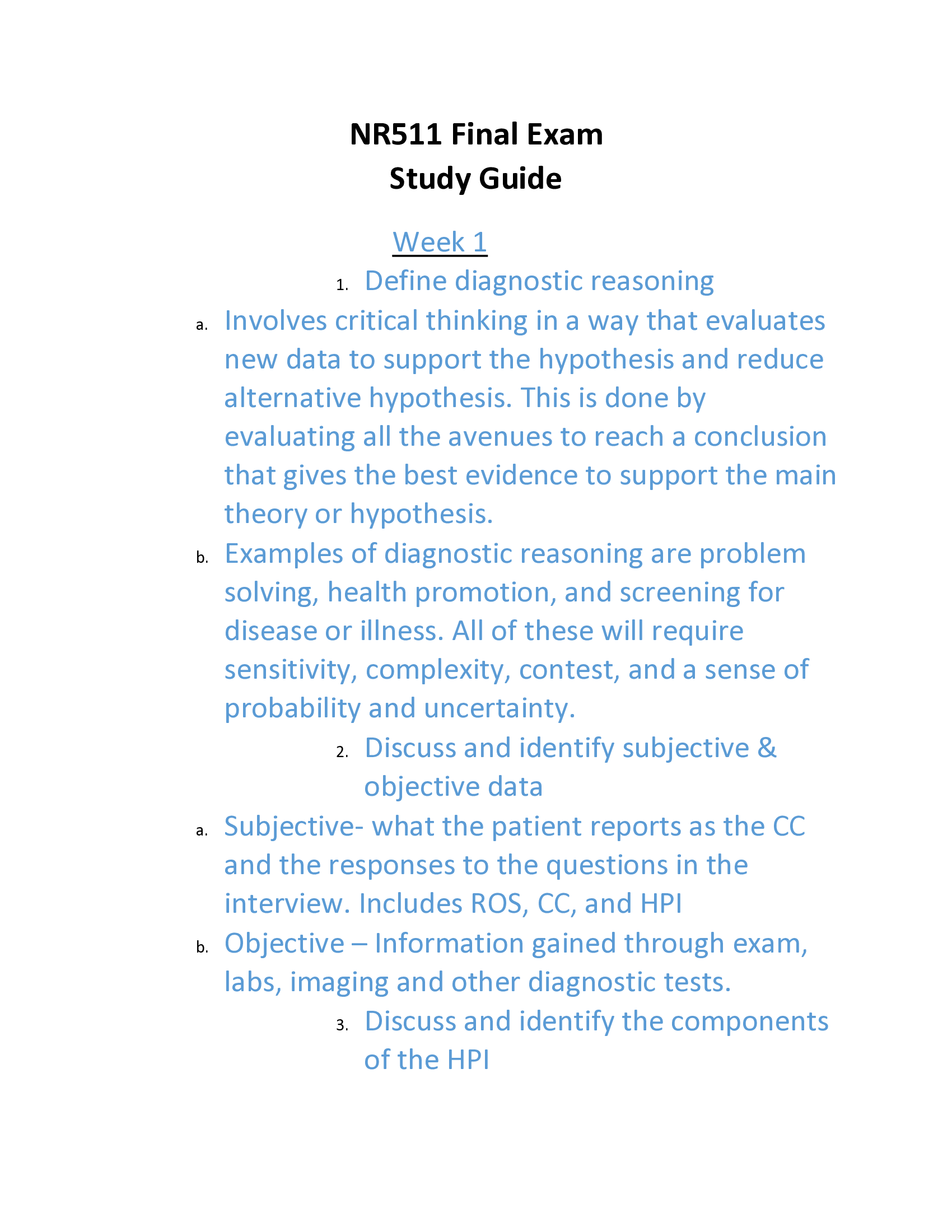 NR511 Final Exam Study Guide