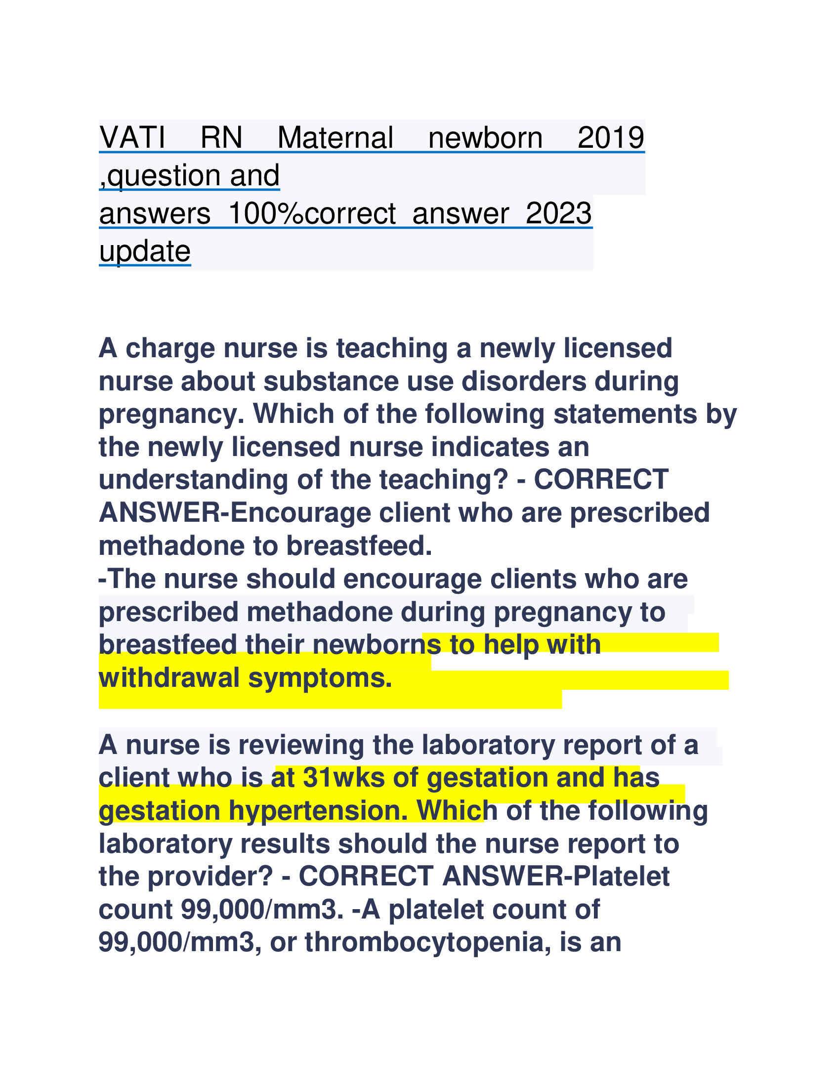 VATI RN Maternal newborn 2019  ,question and answers 100%correct answer 2023  update