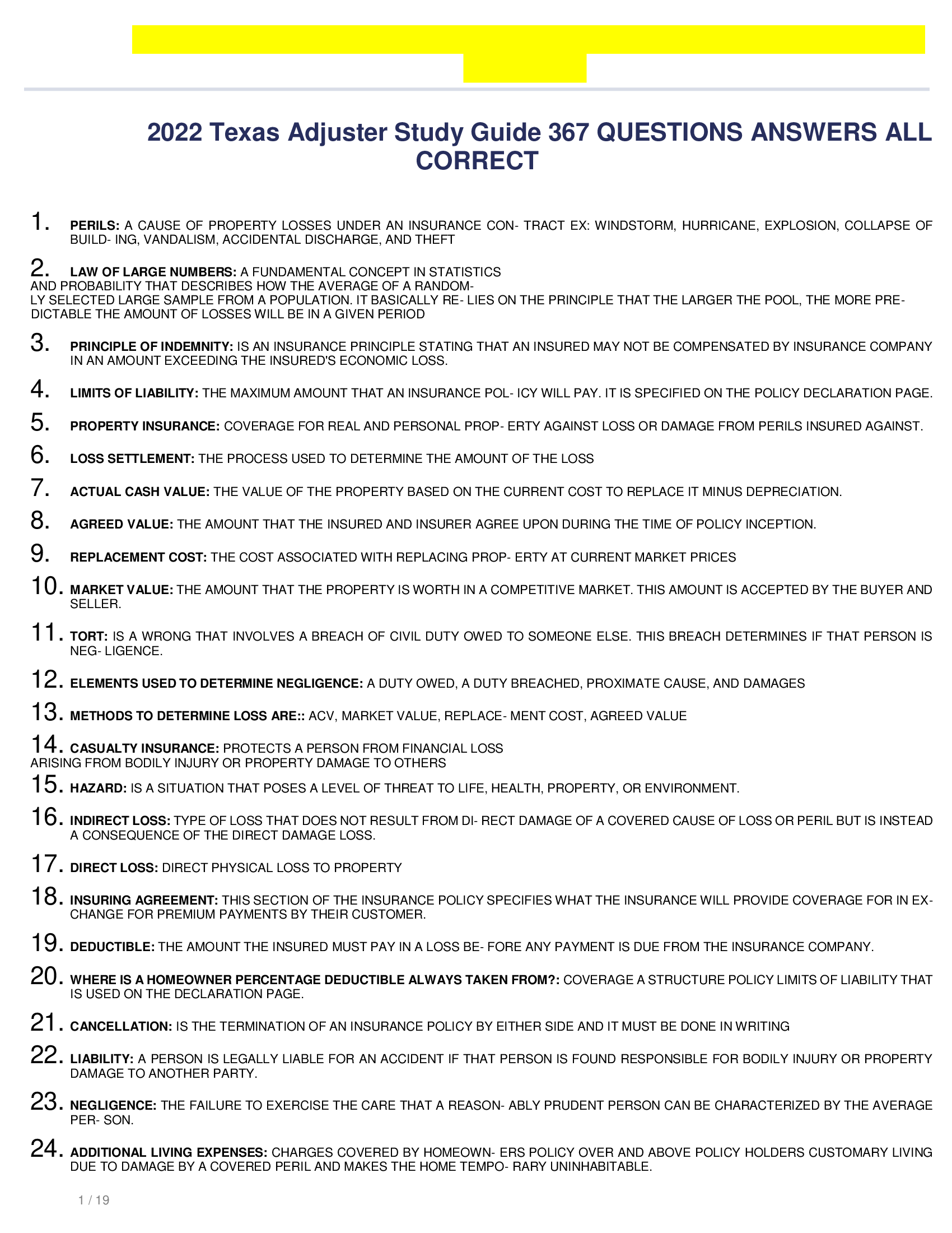 2022 Texas Adjuster Study Guide 367 QUESTIONS ANSWERS ALL  CORRECT