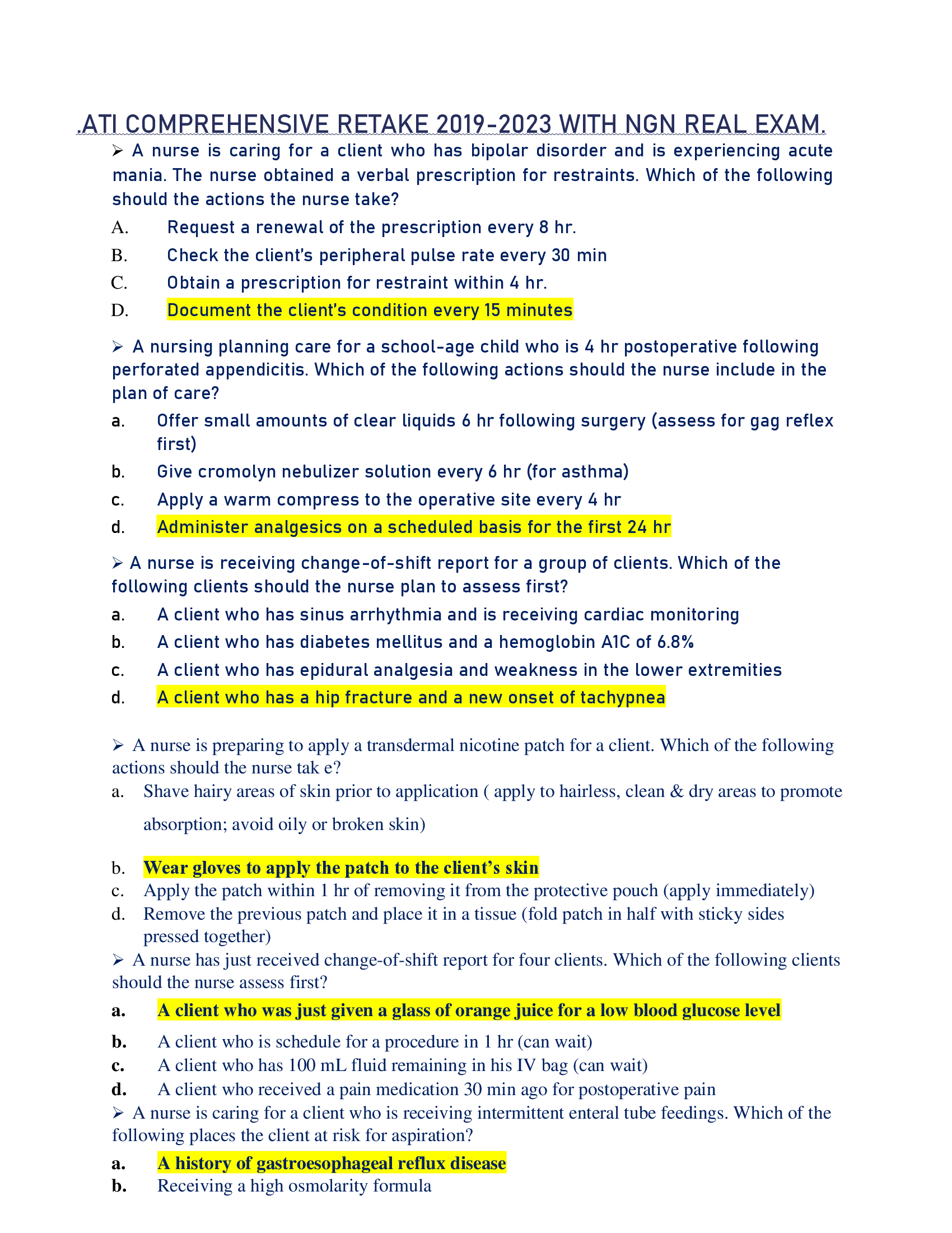 ATI COMPREHENSIVE RETAKE 2019-2023 WITH NGN REAL EXAM.