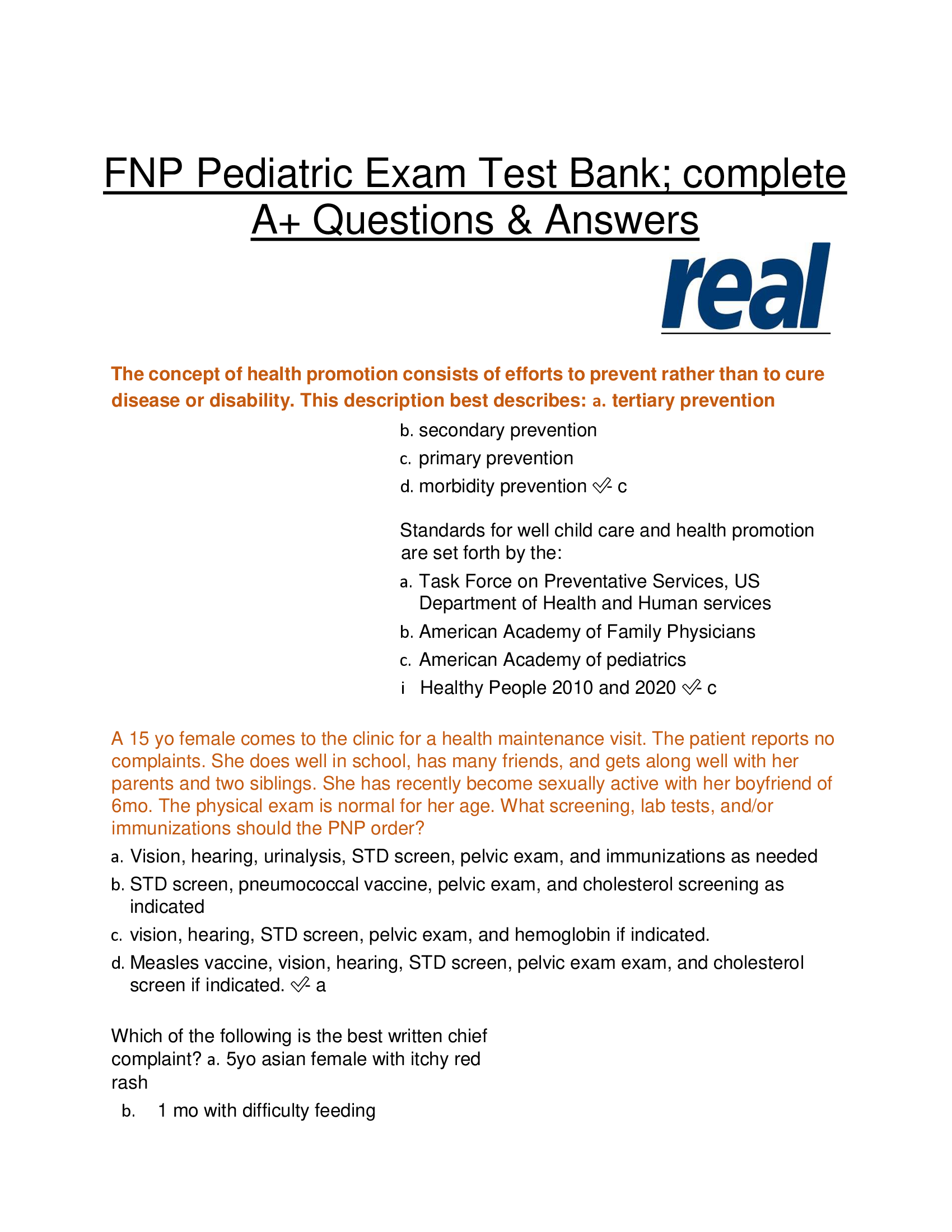 FNP Pediatric Exam Test Bank; complete  A+ Questions & Answers