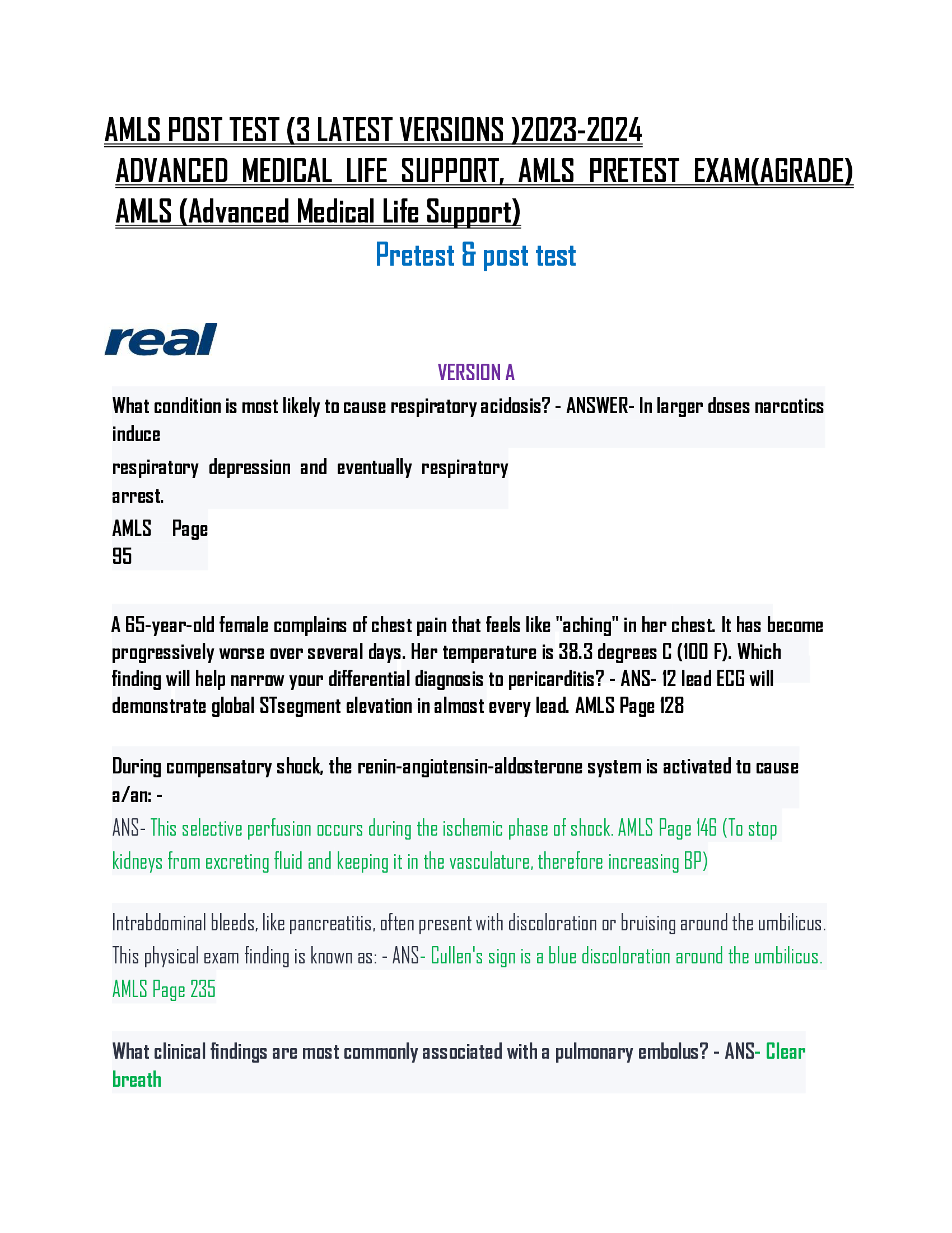 AMLS POST TEST (3 LATEST VERSIONS )2023-2024  ADVANCED MEDICAL LIFE SUPPORT, AMLS PRETEST EXAM(AGRADE) AMLS (Advanced Medical Life Support)
