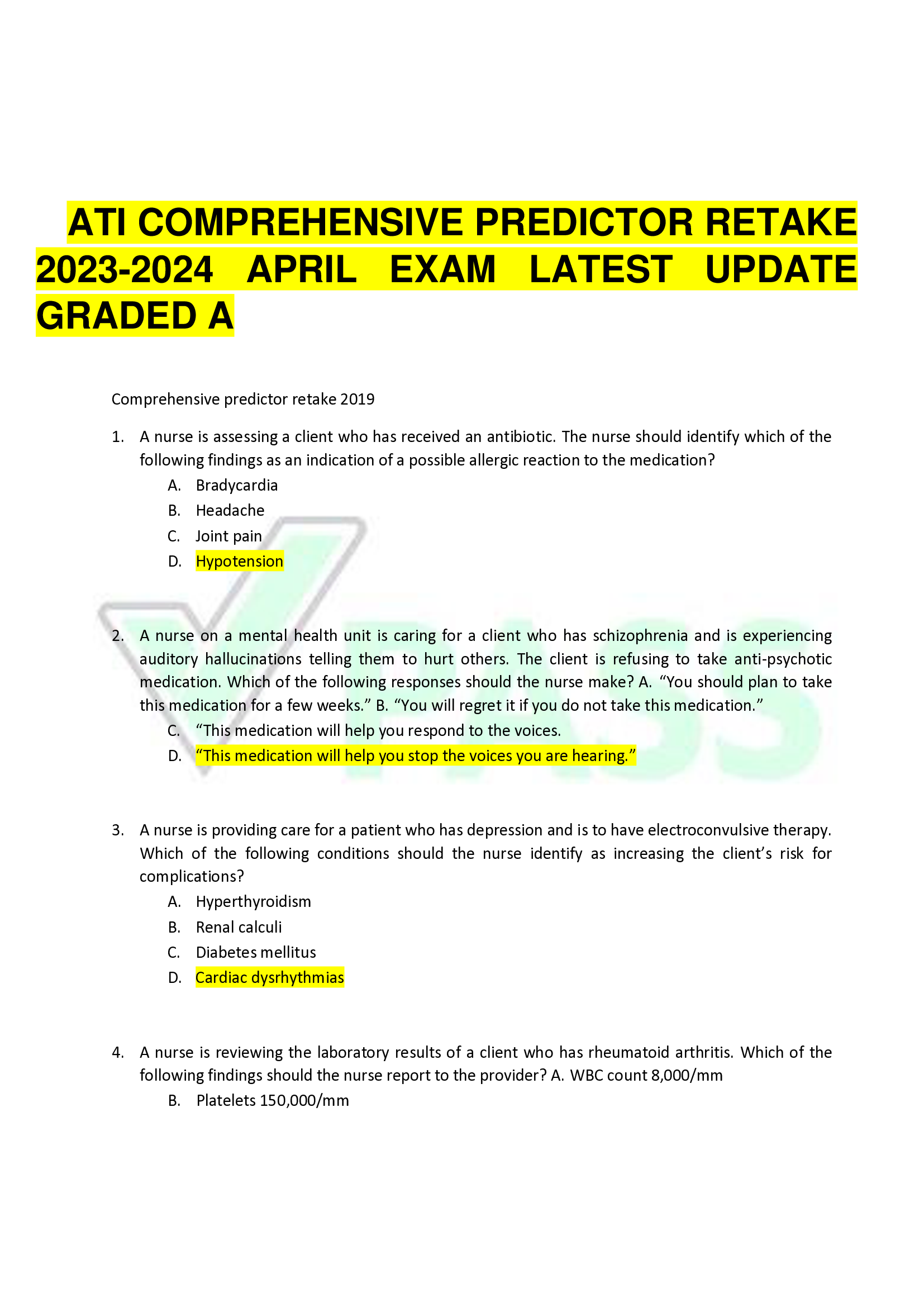 ATI COMPREHENSIVE PREDICTOR RETAKE 2023-2024 APRIL EXAM LATEST UPDATE  GRADED A