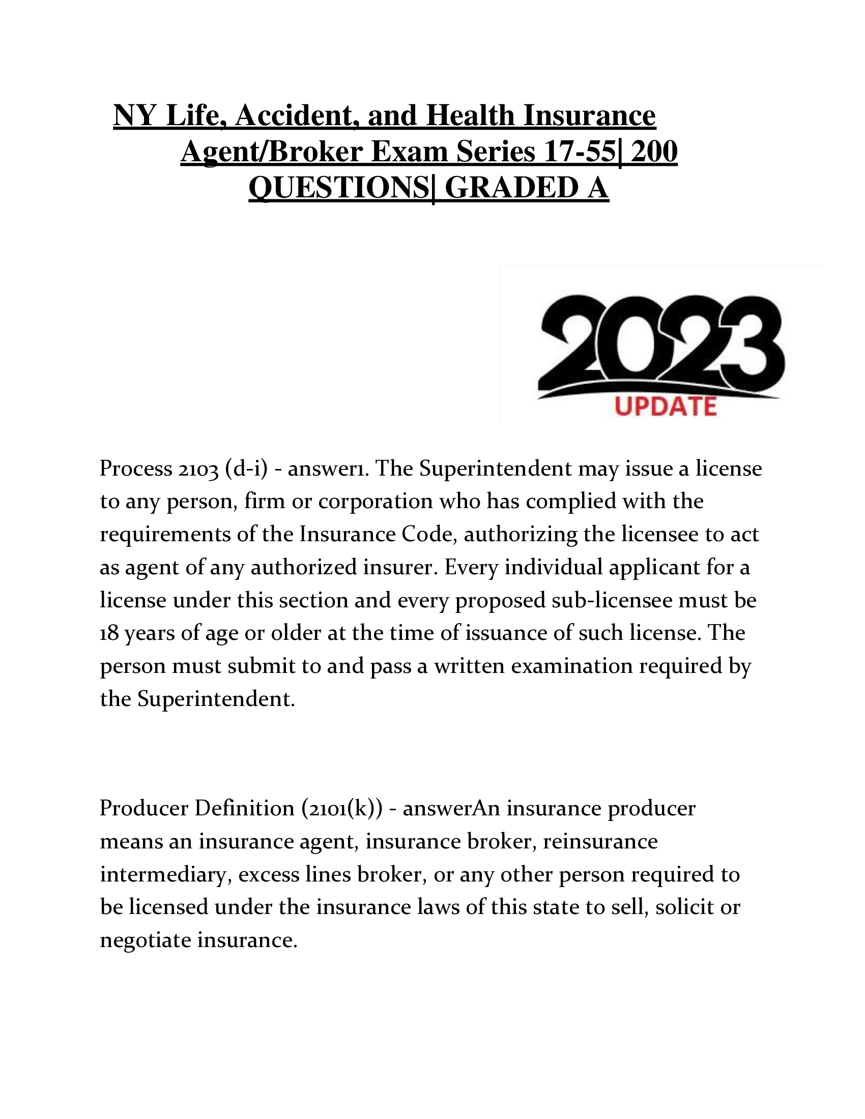 NY Life, Accident, and Health Insurance  Agent Broker Exam Series 17-55| 200  QUESTIONS| GRADED A