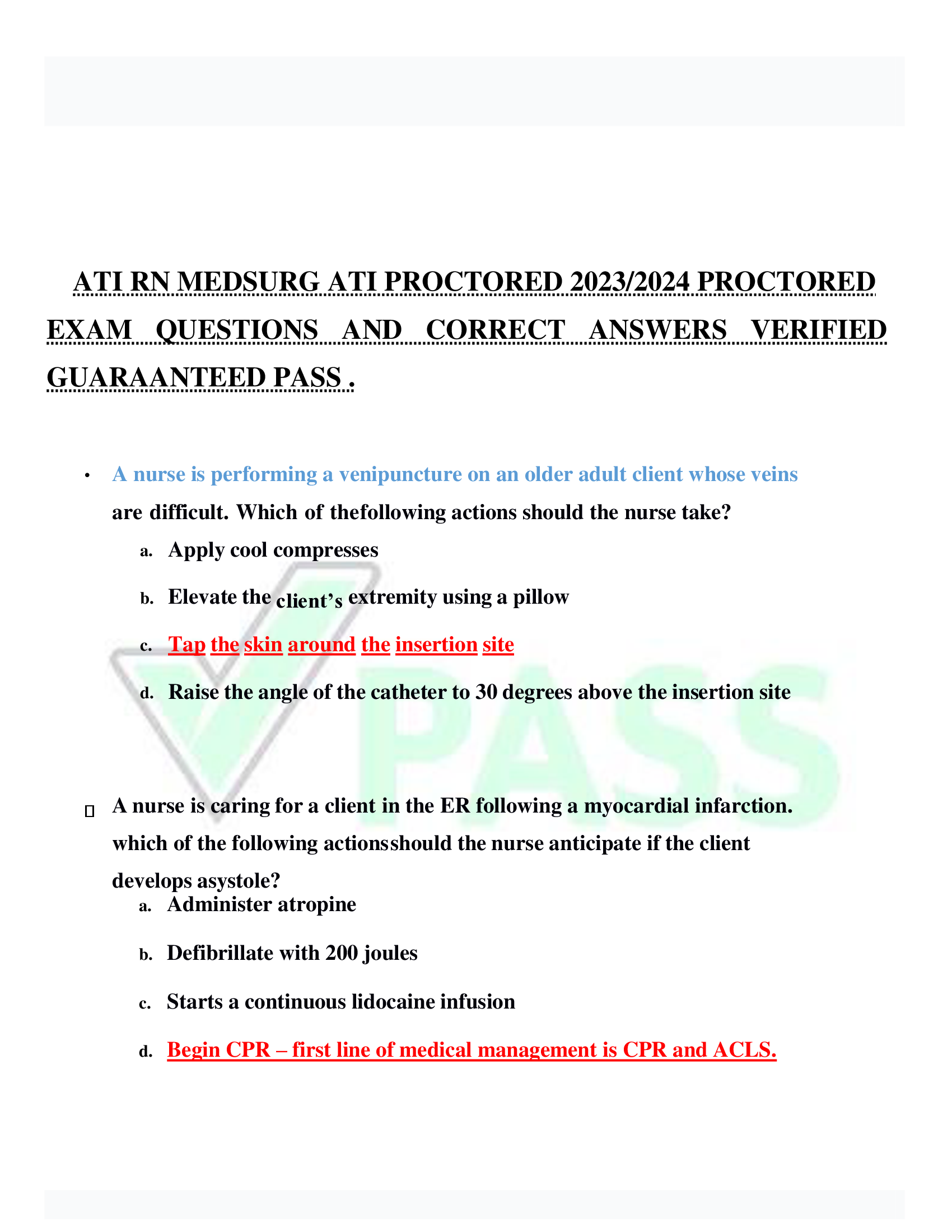 ATI RN MEDSURG ATI PROCTORED 2023| 2024 PROCTORED  EXAM QUESTIONS AND CORRECT ANSWERS VERIFIED  GUARAANTEED PASS