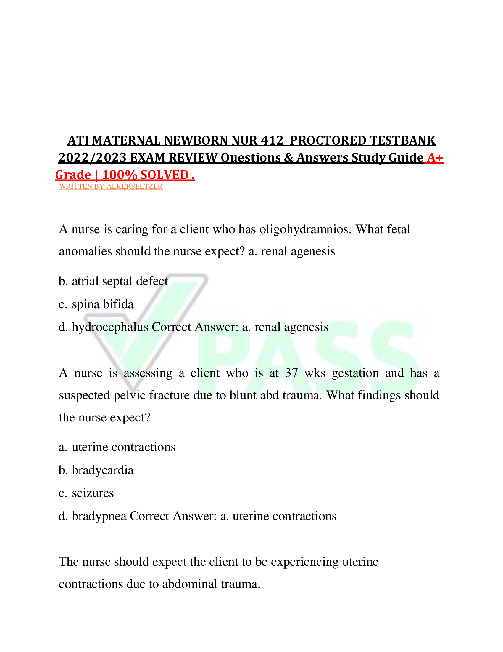 ATI MATERNAL NEWBORN NUR 412 PROCTORED TESTBANK  2022, 2023 EXAM REVIEW Questions & Answers Study Guide A+  Grade | SOLVED .