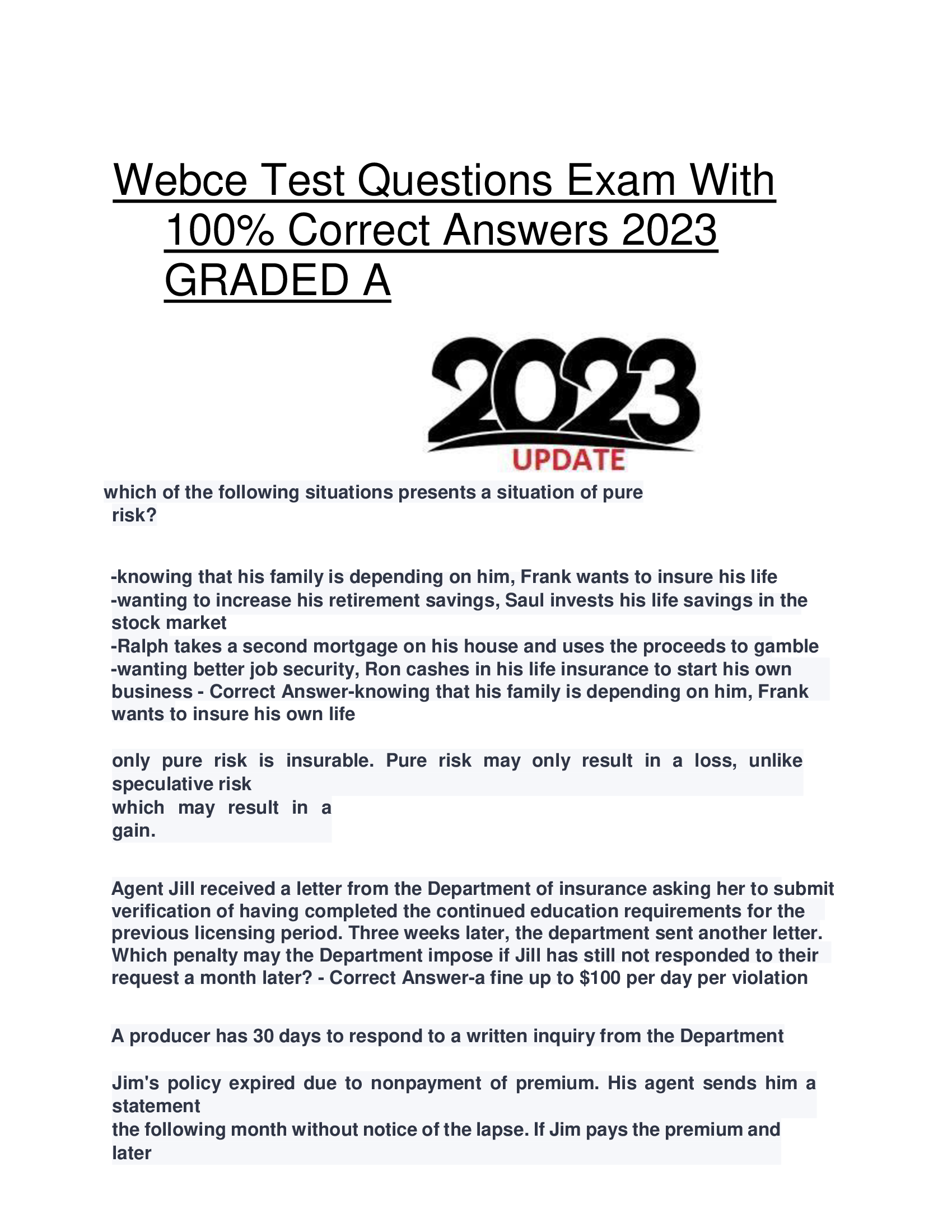 Webce Test Questions Exam With  100% Correct Answers 2023  GRADED A