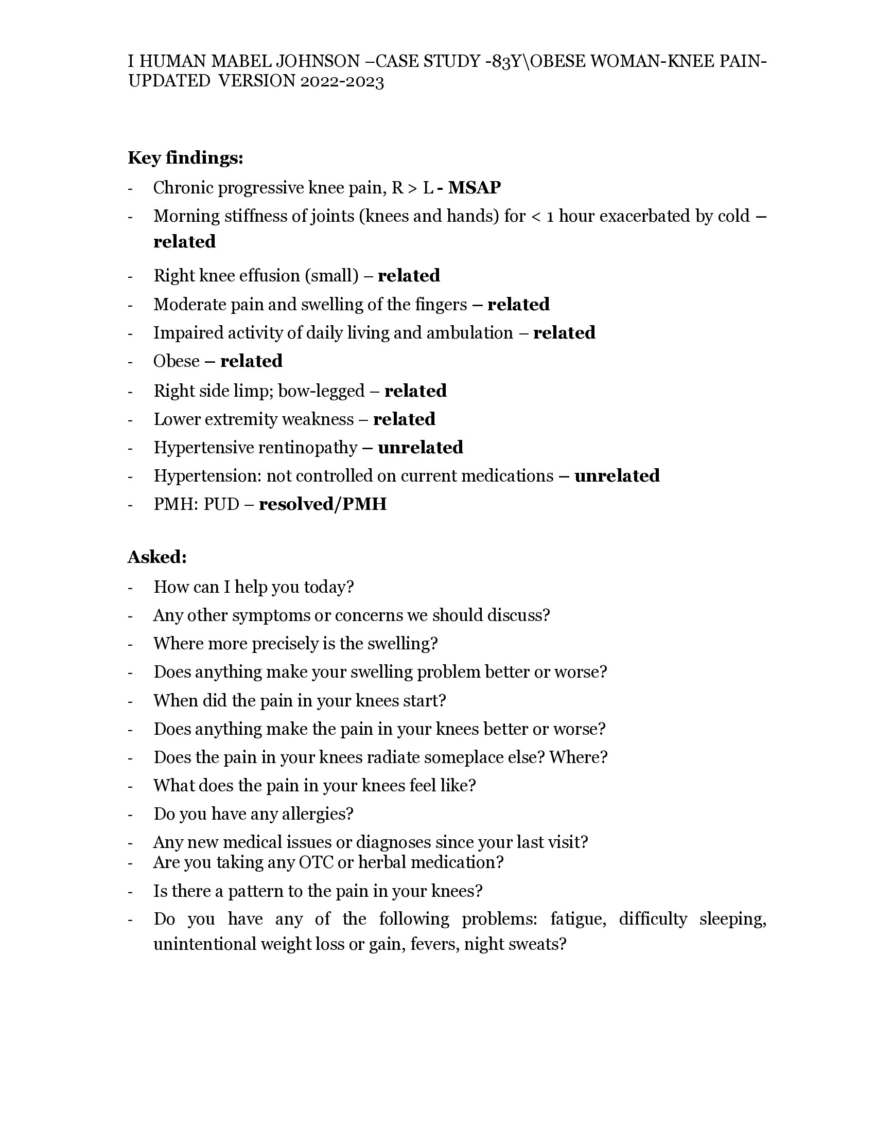 I HUMAN MABEL JOHNSON –CASE STUDY -83Y OBESE WOMAN-KNEE PAIN UPDATED VER