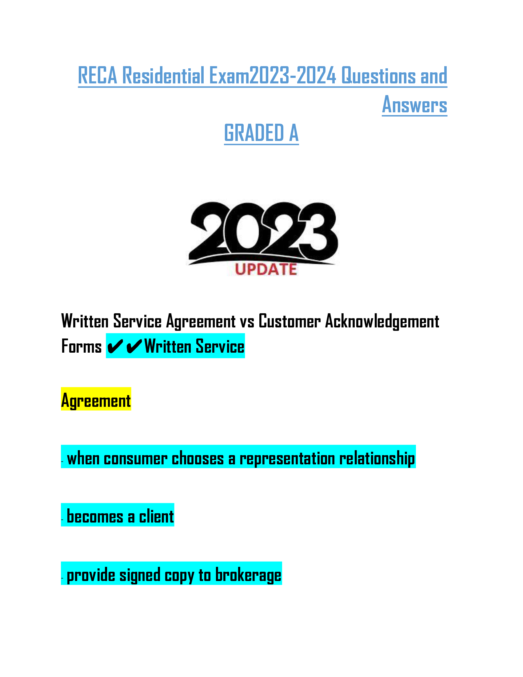 RECA Residential Exam2023-2024 Questions and  Answers  GRADED A