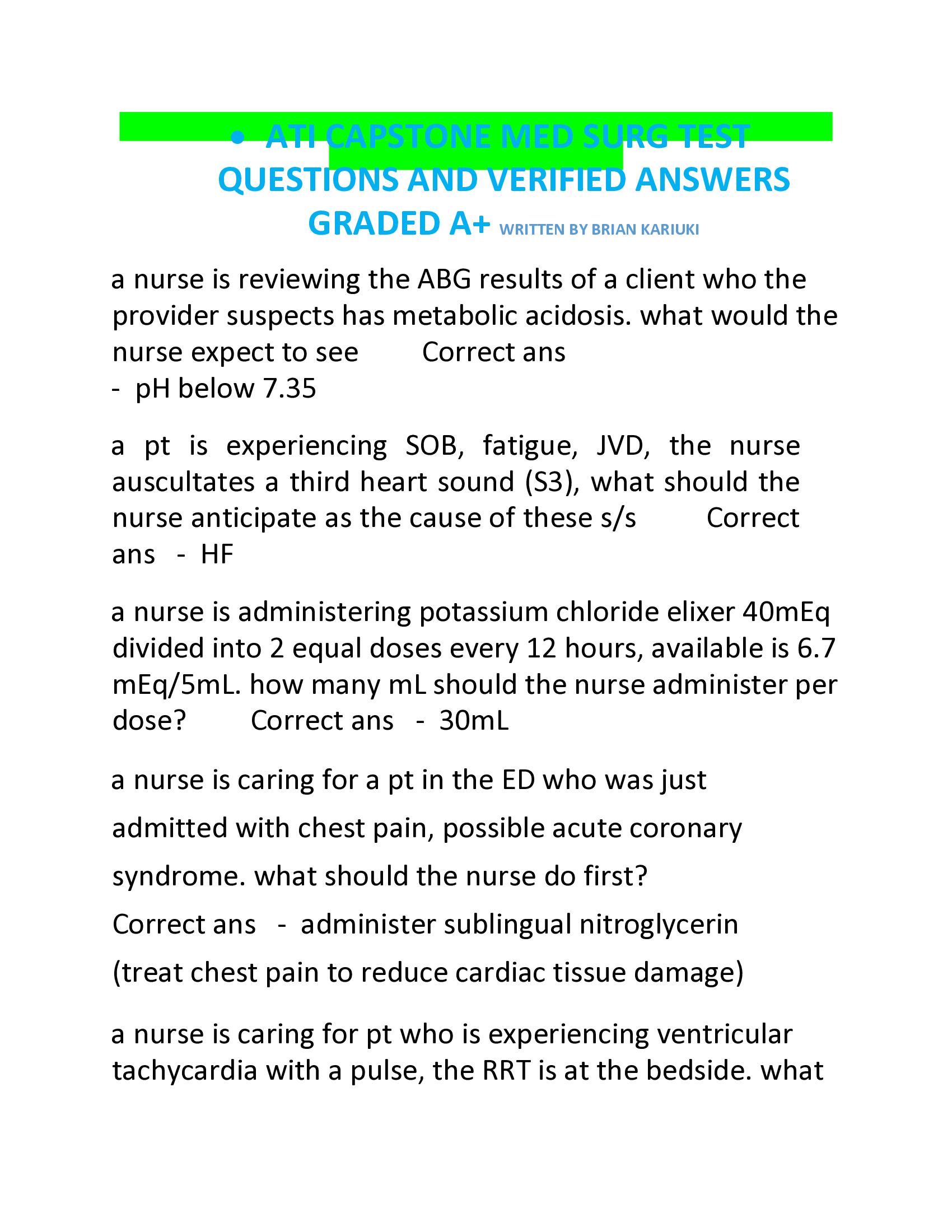 ATI CAPSTONE MED SURG TEST  QUESTIONS AND VERIFIED ANSWERS  GRADED A+