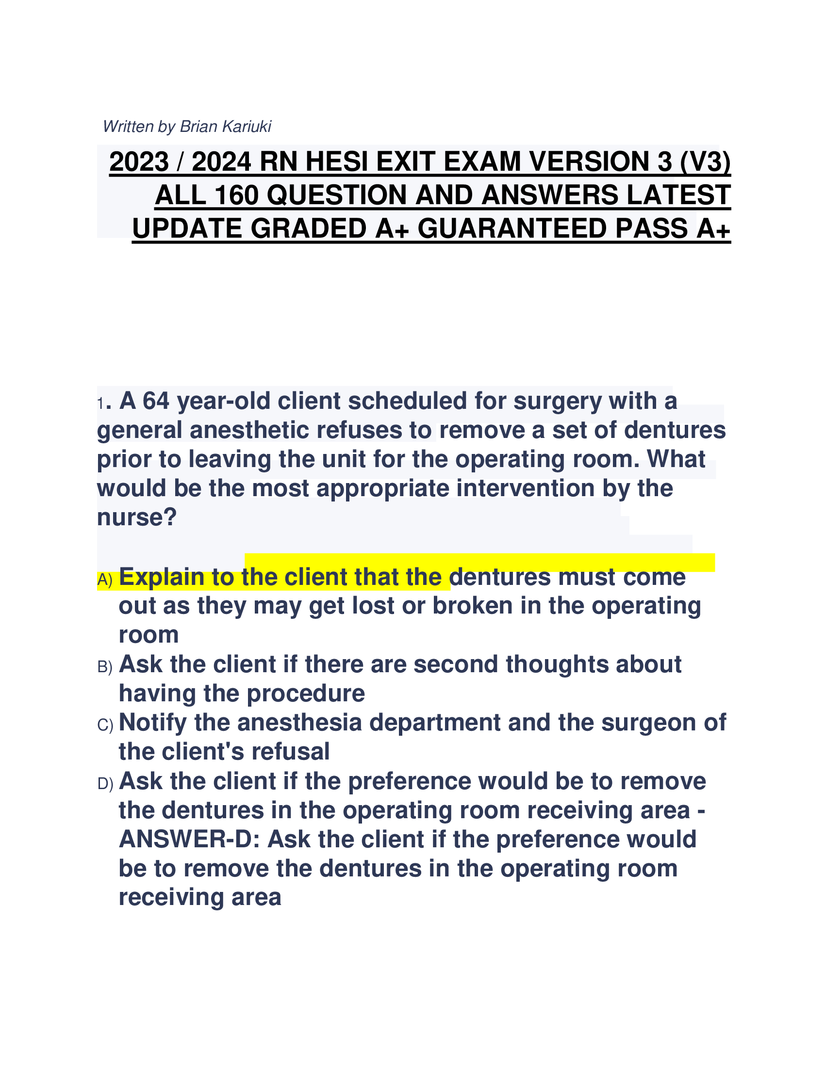 2023, 2024 RN HESI EXIT EXAM VERSION 3 (V3) ALL 160 QUESTION AND ANSWERS LATEST UPDATE GRADED A+ GUARANTEED PASS A+