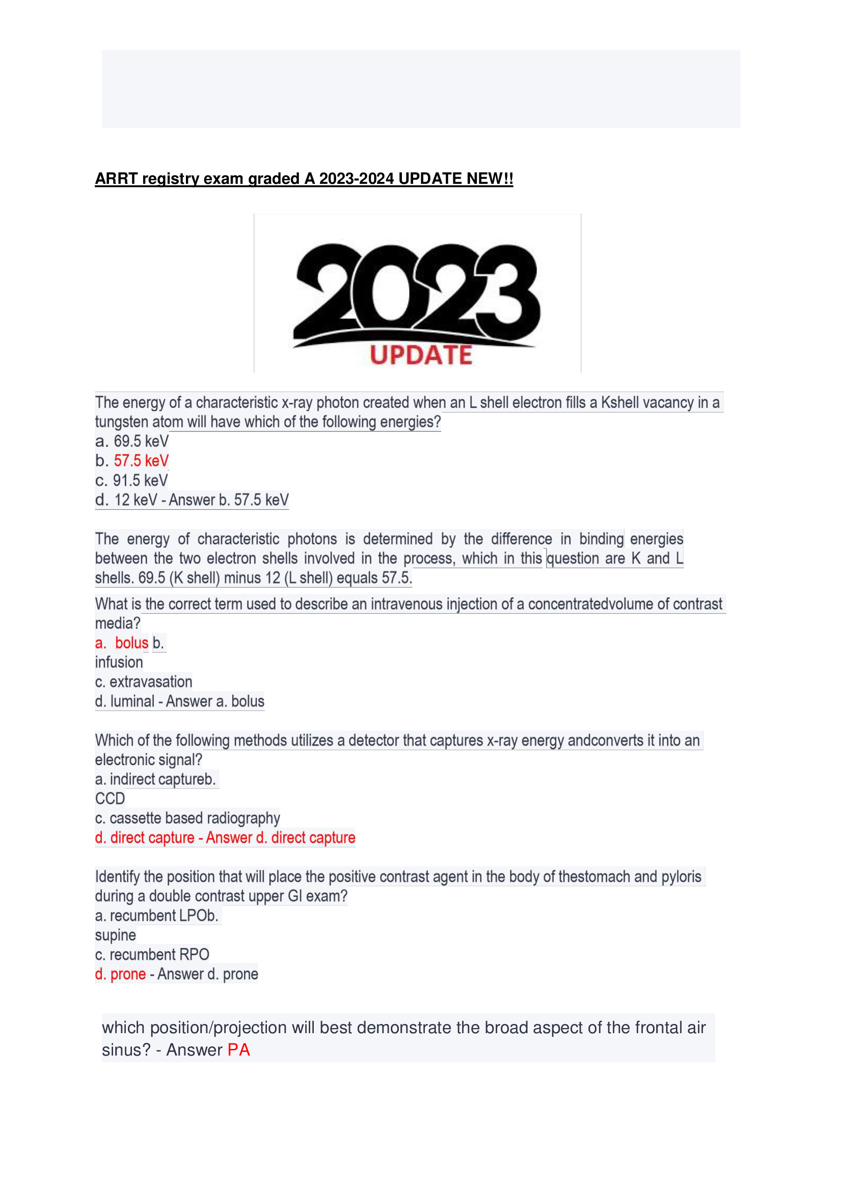 ARRT registry exam graded A 2023-2024 UPDATE NEW!!