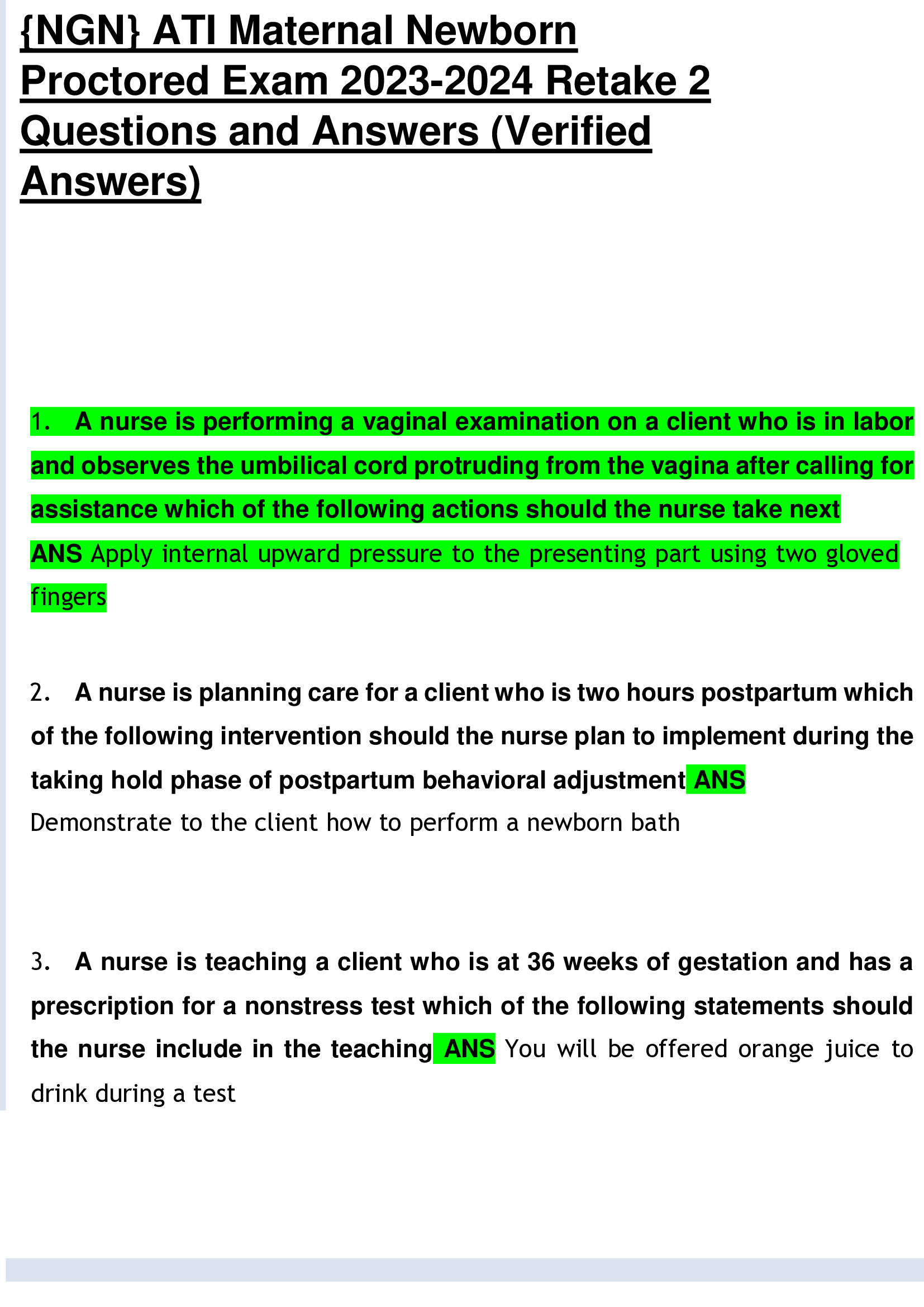 {NGN} ATI Maternal Newborn  Proctored Exam 2023-2024 Retake 2  Questions and Answers (Verified  Answers)