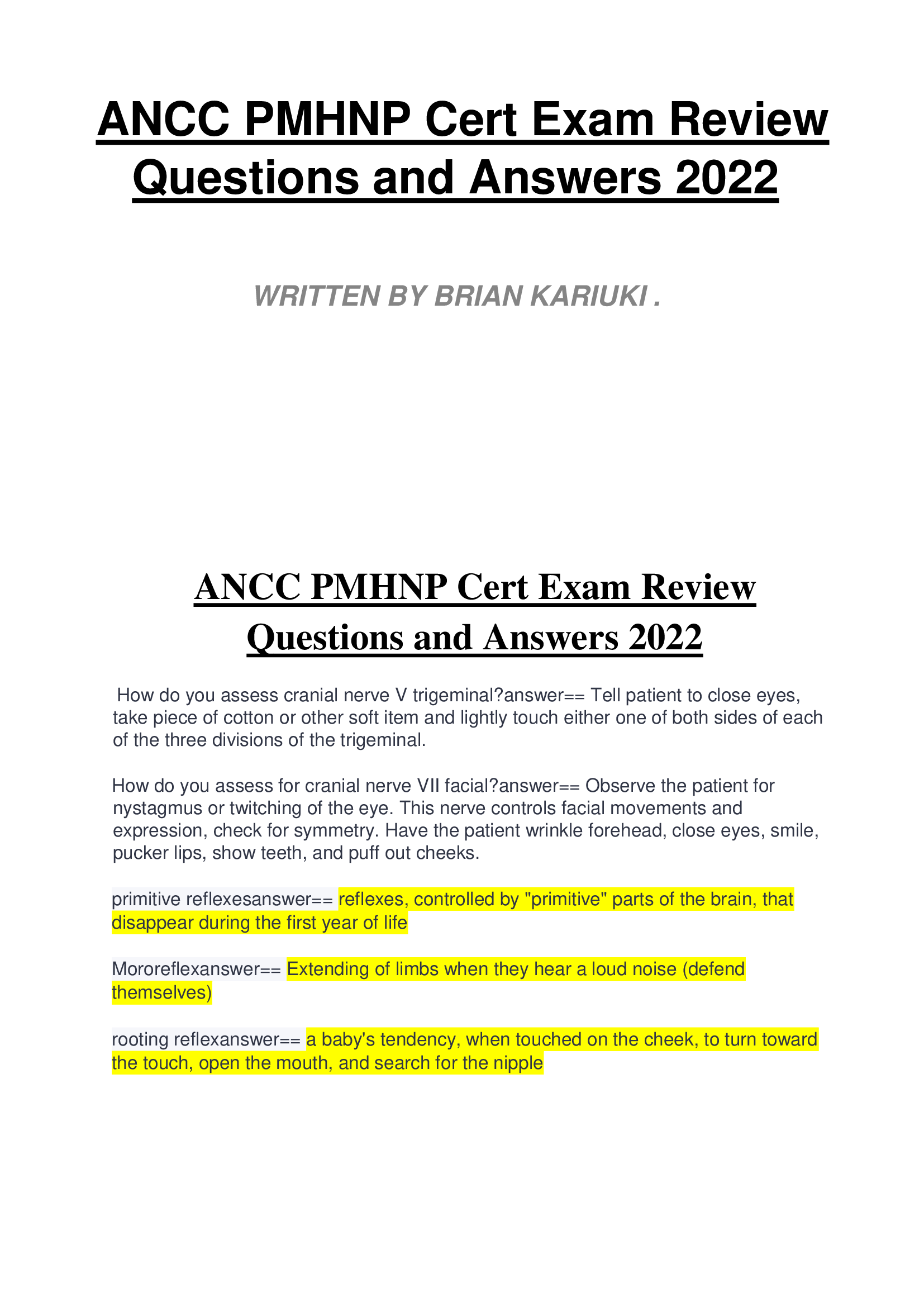 PMHP ANCC EXAM LATEST VERIFIED A+ 2022