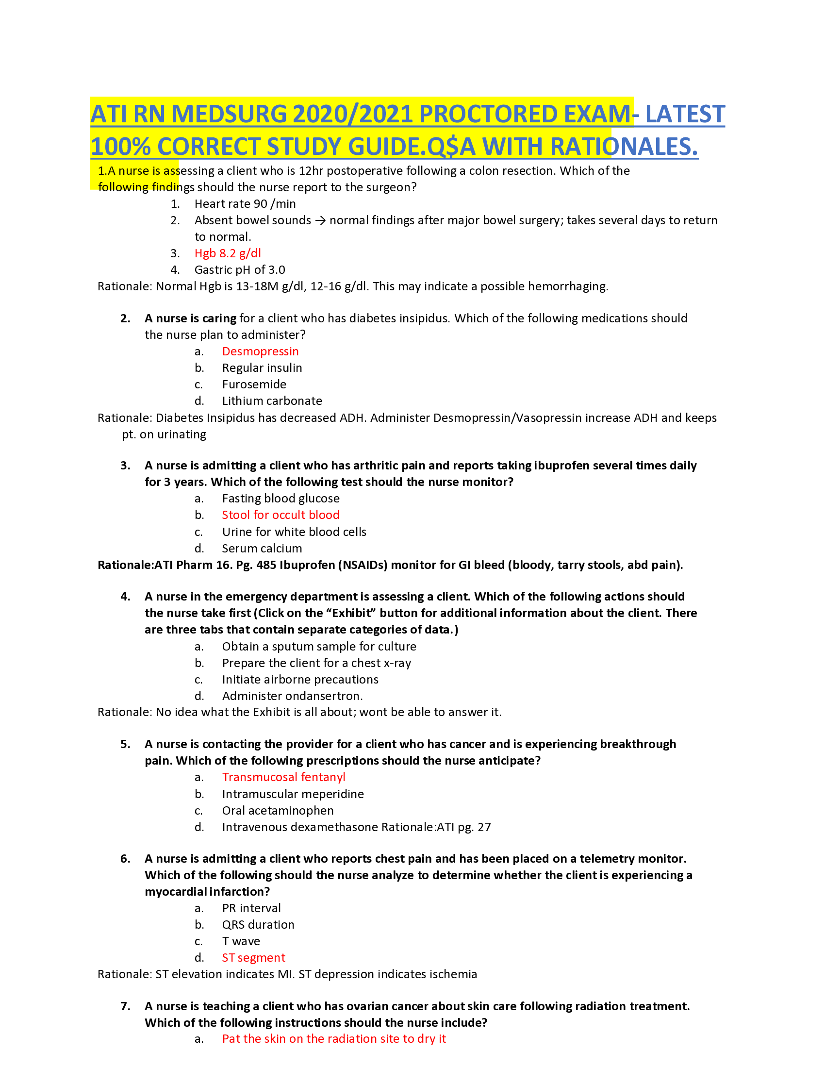 ATI RN MEDSURG 2020, 2021 PROCTORED EXAM