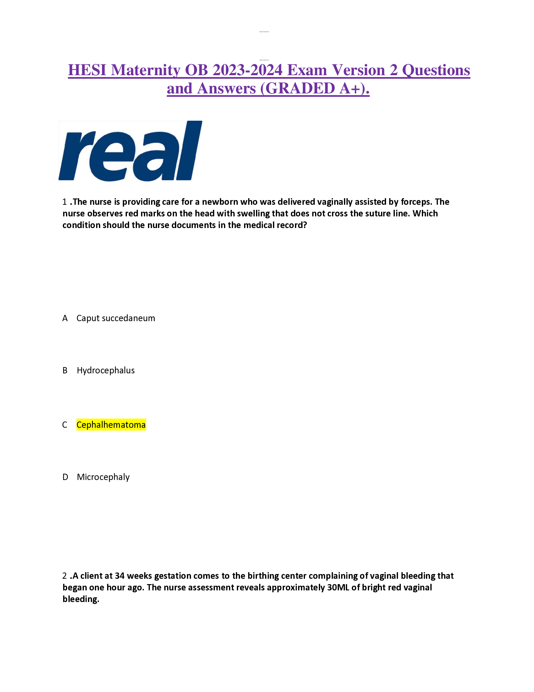 HESI Maternity OB 2023-2024 Exam Version 2 Questions  and Answers (GRADED A+).