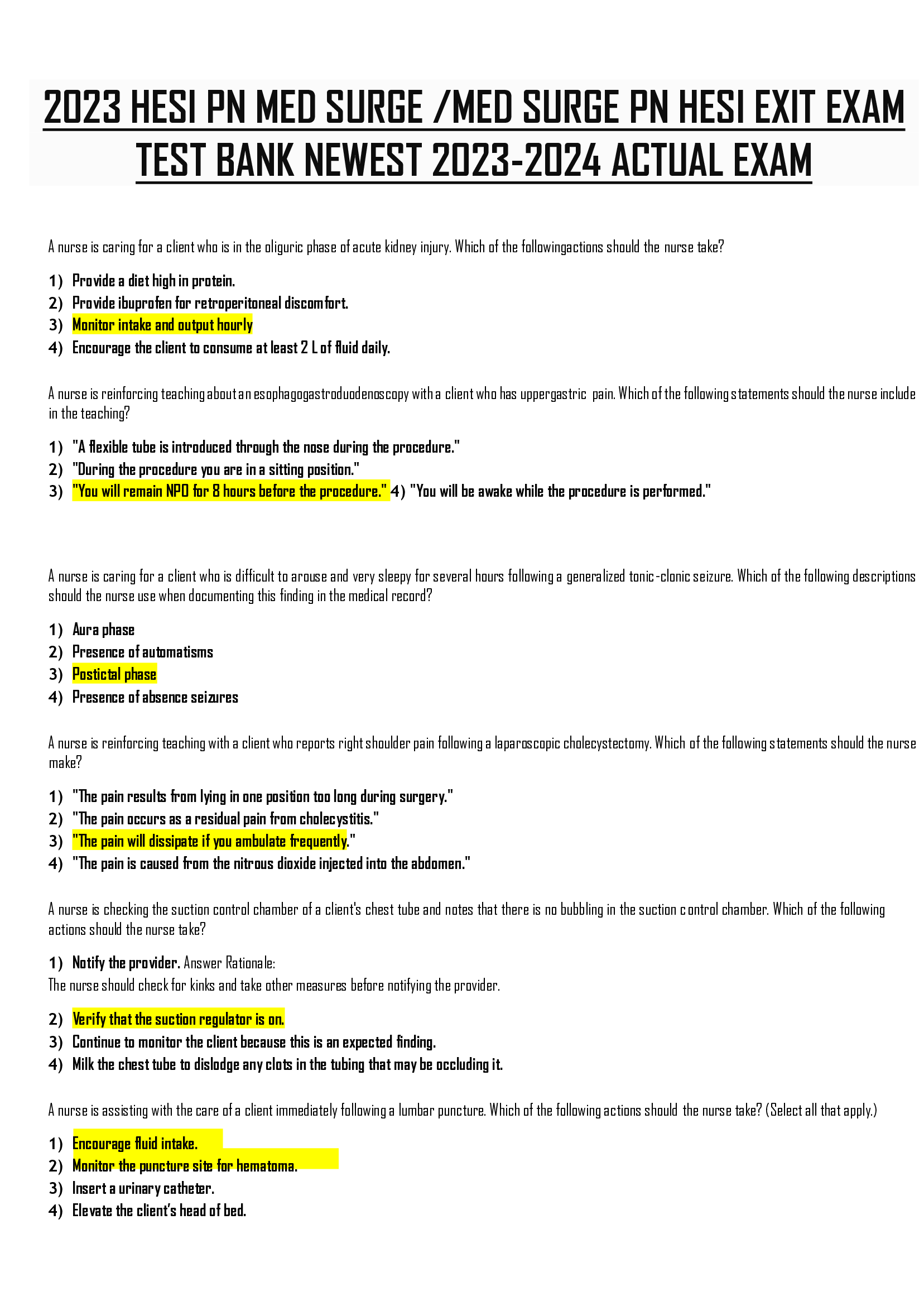 2023 HESI PN MED SURGE, MED SURGE PN HESI EXIT EXAM  TEST BANK NEWEST 2023-2024 ACTUAL EXAM