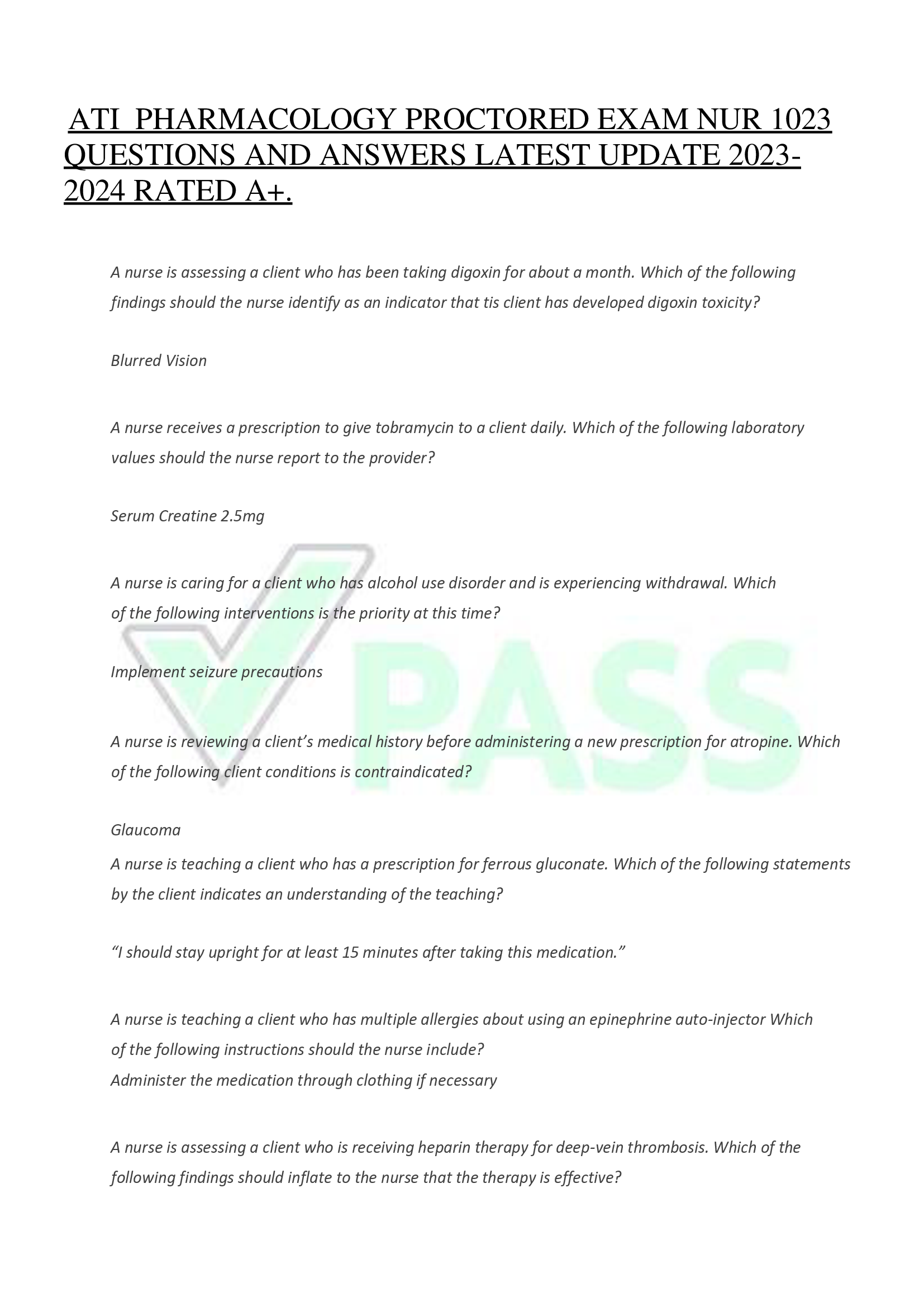 ATI PHARMACOLOGY PROCTORED EXAM NUR 1023  QUESTIONS AND ANSWERS LATEST UPDATE 2023- 2024 RATED A+.