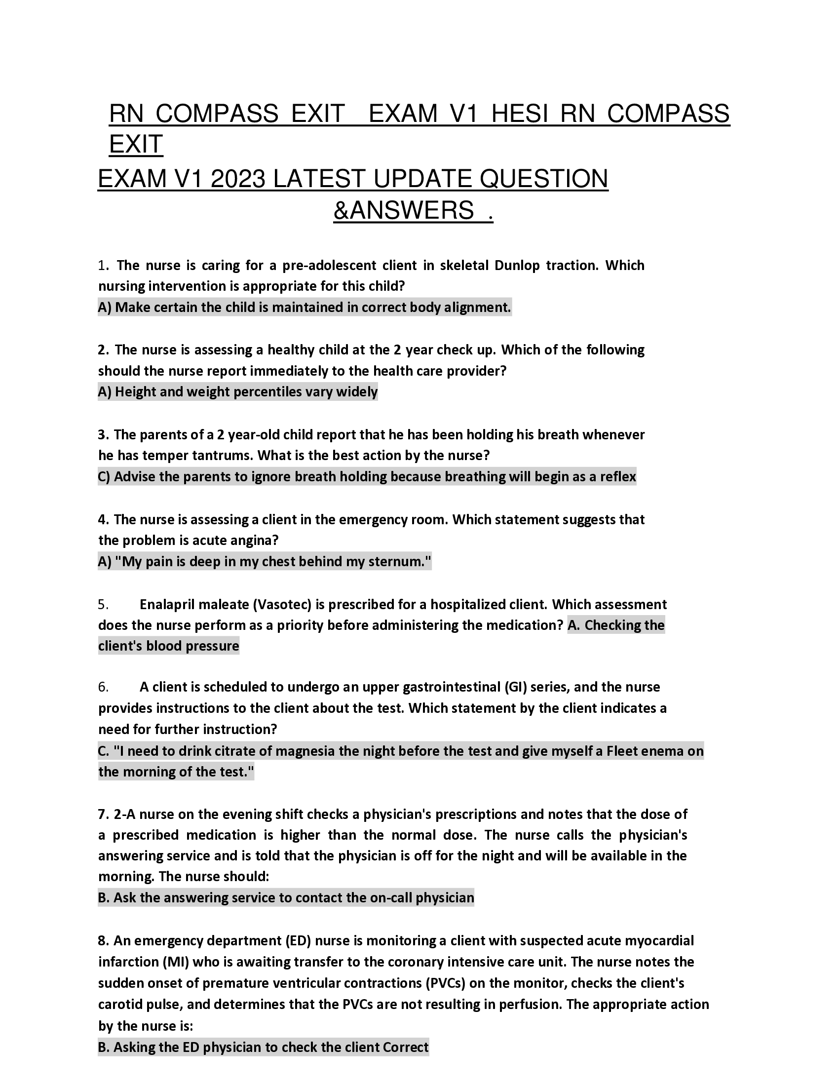 RN COMPASS EXIT EXAM V1 HESI RN COMPASS  EXIT  EXAM V1 2023 LATEST UPDATE QUESTION  &ANSWERS .