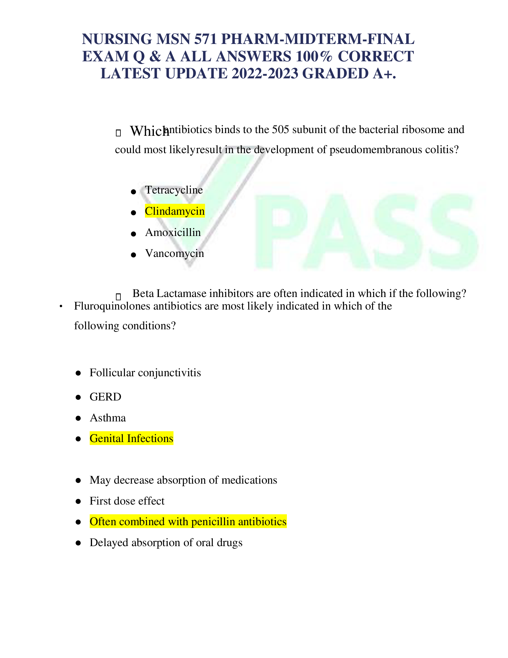 NURSING MSN 571 PHARM-MIDTERM-FINAL  EXAM Q & A ALL ANSWERS 100% CORRECT  LATEST UPDATE 2022-2023 GRADED A+.