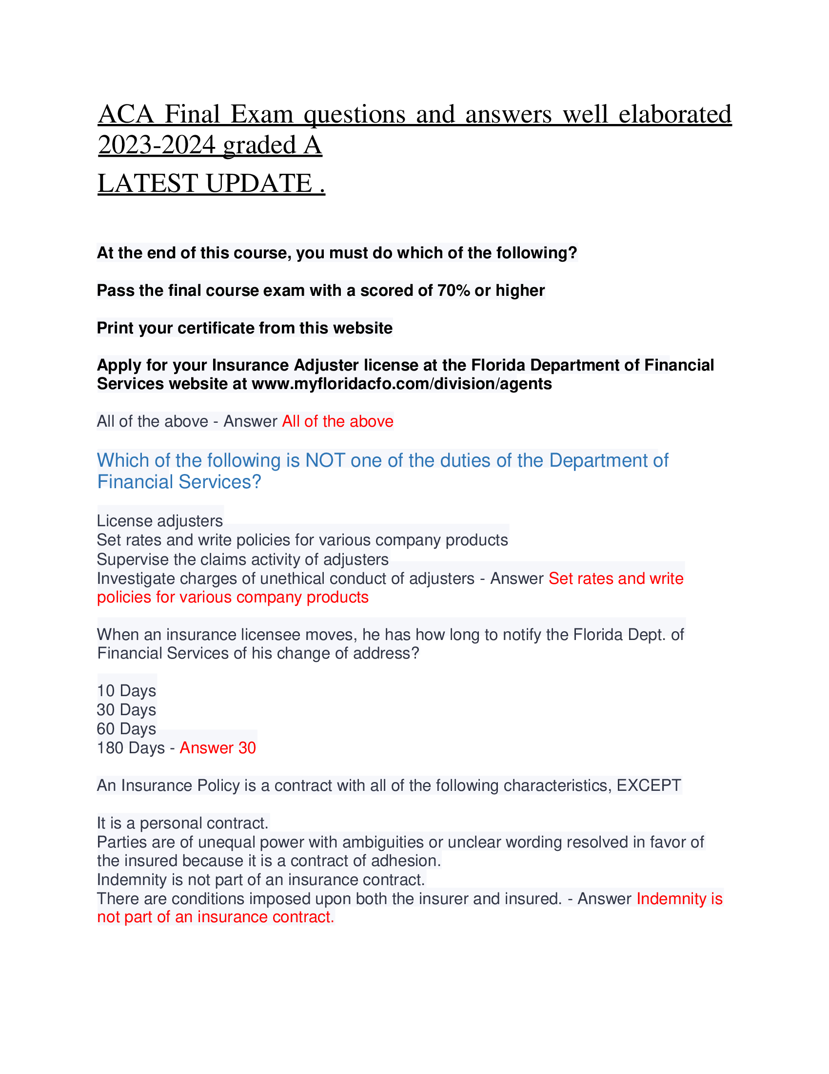 ACA Final Exam questions and answers well elaborated  2023-2024 graded A  LATEST UPDATE .