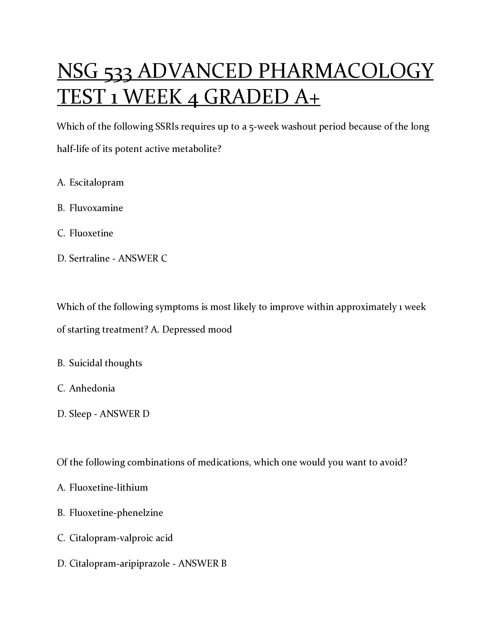 NSG 533 ADVANCED PHARMACOLOGY  TEST 1 WEEK 4 GRADED A+