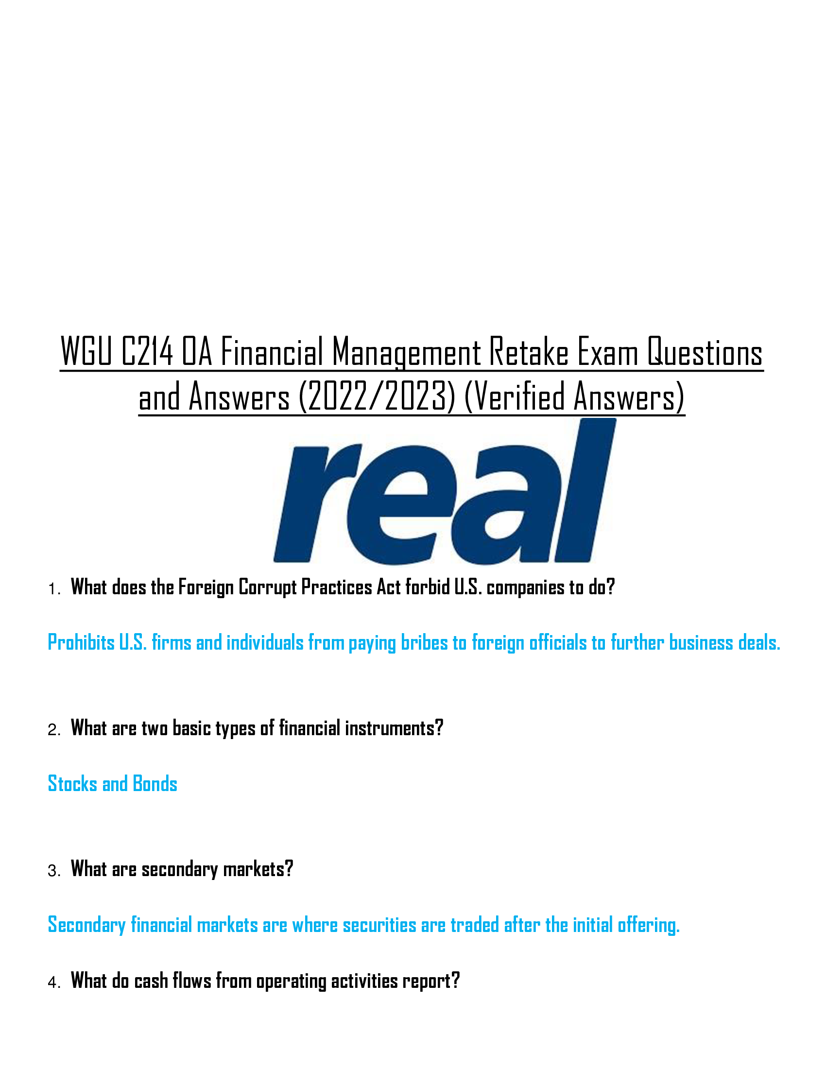 WGU C214 OA Financial Management Retake Exam Questions  and Answers (2022, 2023) (Verified Answers)