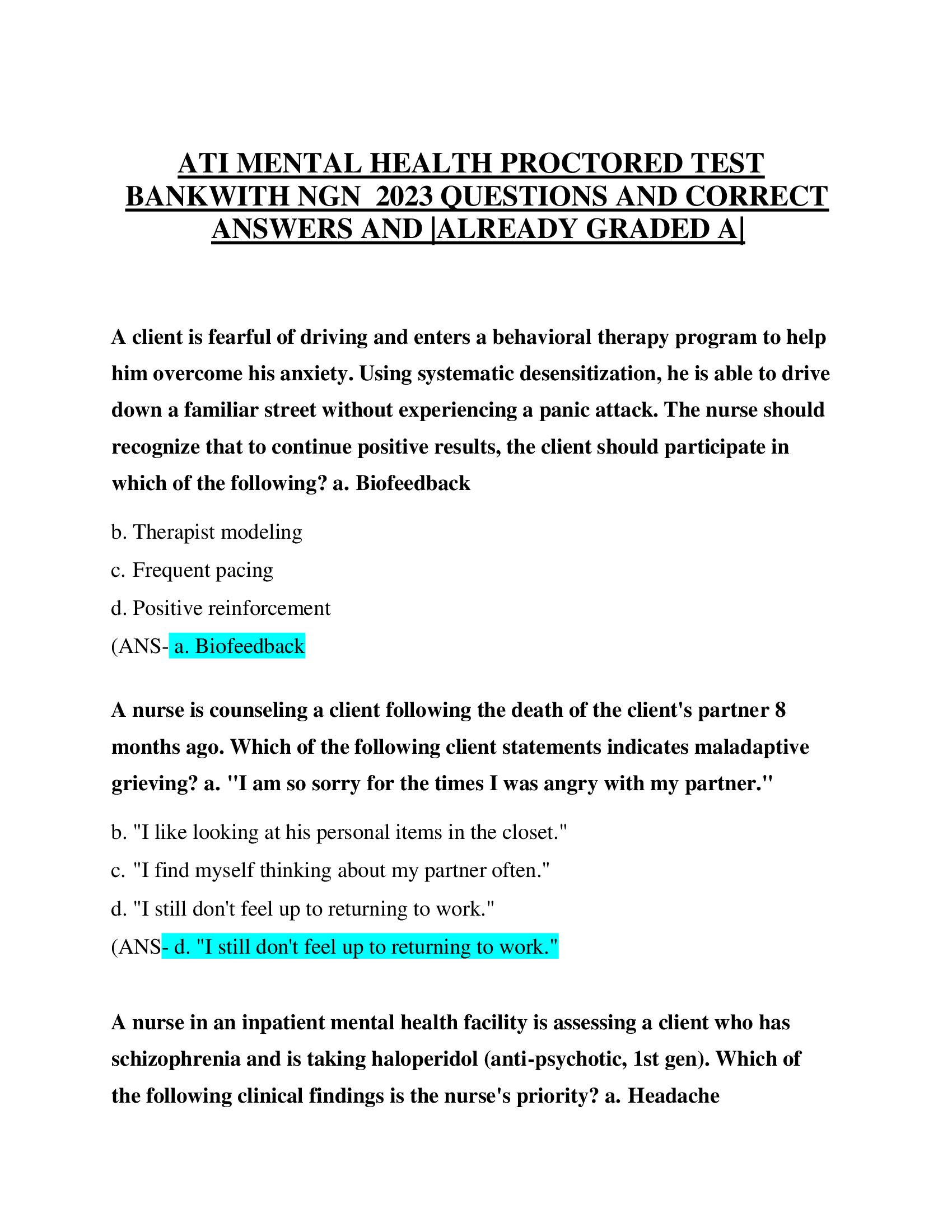 ATI MENTAL HEALTH PROCTORED TEST  BANKWITH NGN 2023 QUESTIONS AND CORRECT  ANSWERS AND |ALREADY GRADED A|