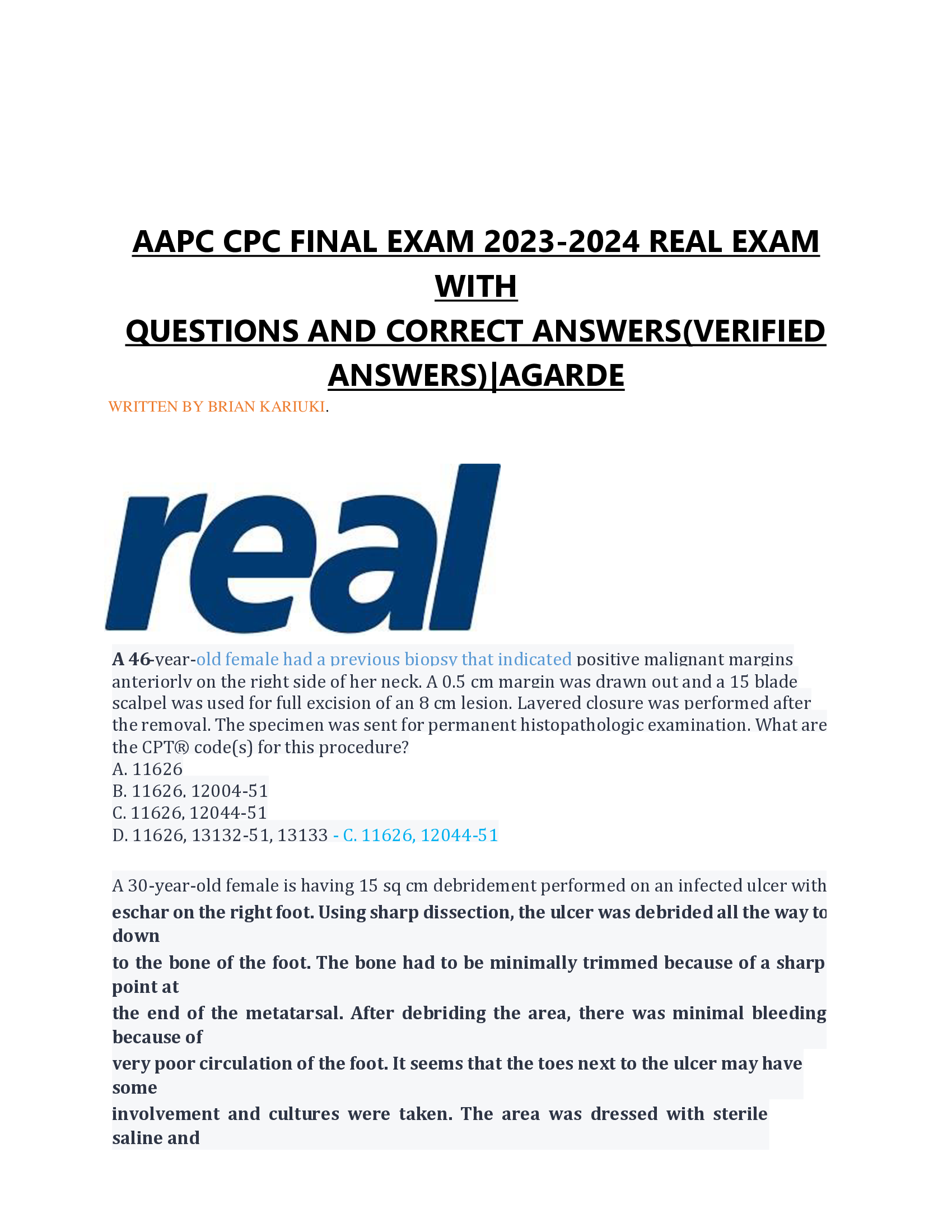 AAPC CPC FINAL EXAM 2023-2024 REAL EXAM  WITH  QUESTIONS AND CORRECT ANSWERS(VERIFIED  ANSWERS)|AGARDE