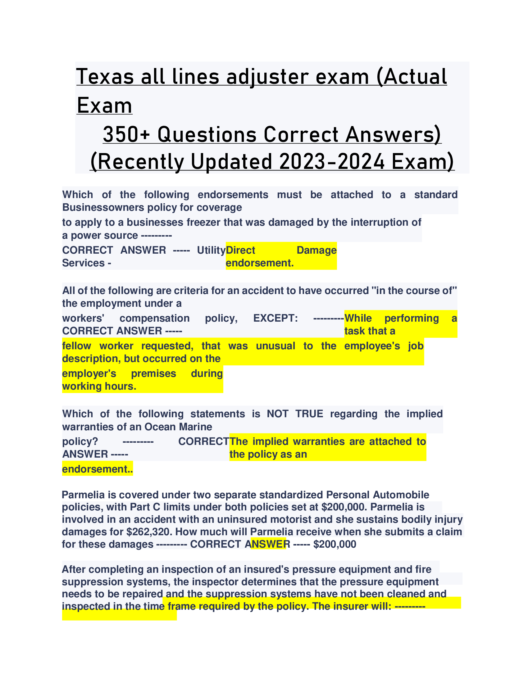 Texas all lines adjuster exam (Actual  Exam  350+ Questions Correct Answers)  (Recently Updated 2023-2024 Exam)
