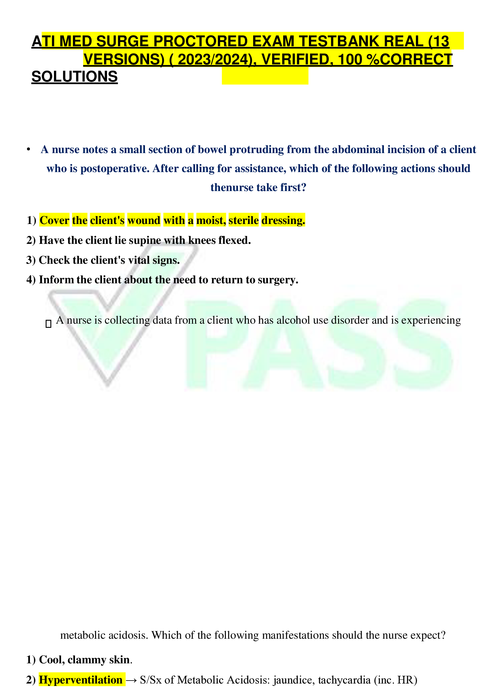 ATI MED SURGE PROCTORED EXAM TESTBANK REAL (13  VERSIONS) ( 2023, 2024), VERIFIED, CORRECT  SOLUTIONS