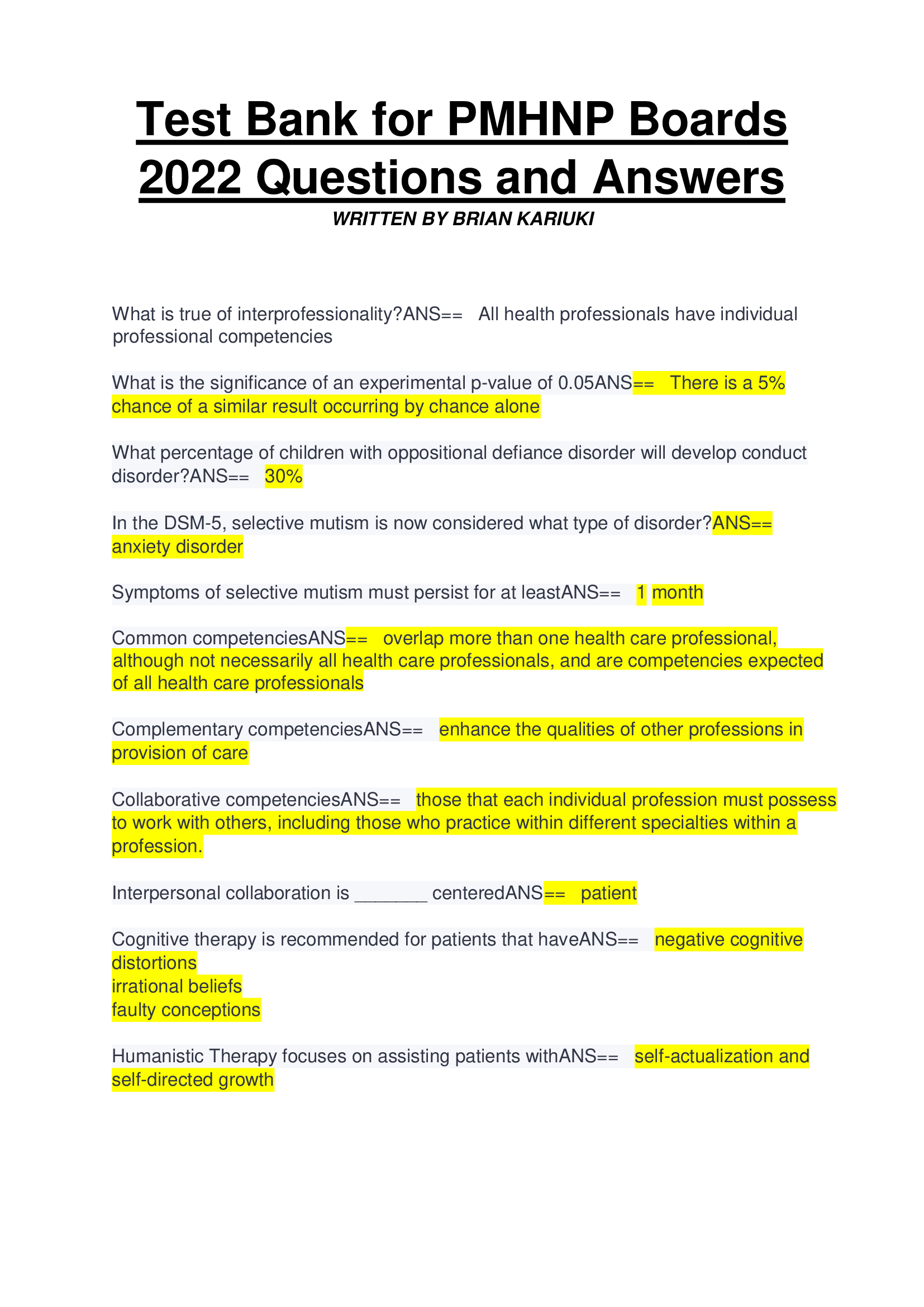 Test Bank for PMHNP Boards  2022 Questions and Answers