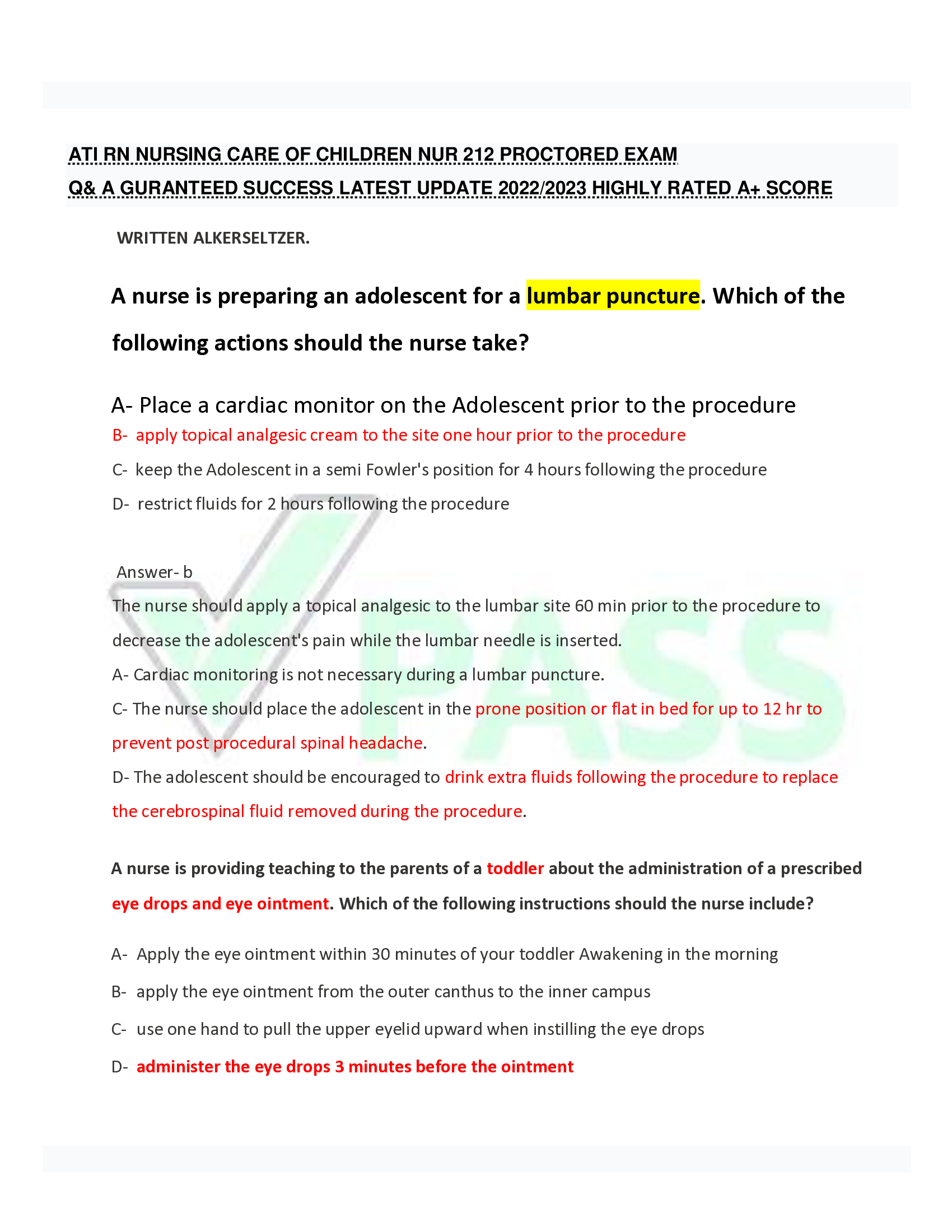 ATI RN NURSING CARE OF CHILDREN NUR 212 PROCTORED EXAM  Q& A GURANTEED SUCCESS LATEST UPDATE 2022, 2023 HIGHLY RATED A+ SCORE