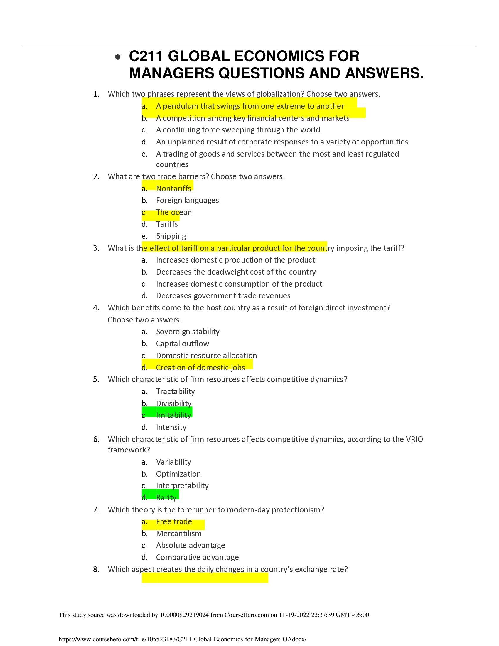 C211 GLOBAL ECONOMICS FOR  MANAGERS QUESTIONS AND ANSWERS.