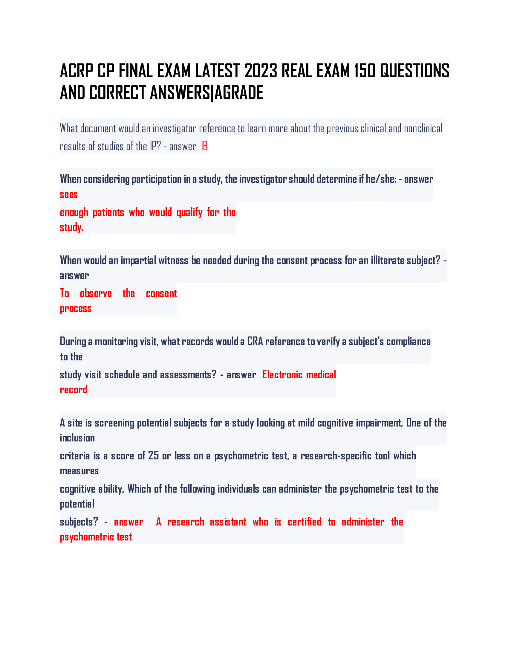 ACRP CP FINAL EXAM LATEST 2023 REAL EXAM 150 QUESTIONS  AND CORRECT ANSWERS|AGRADE