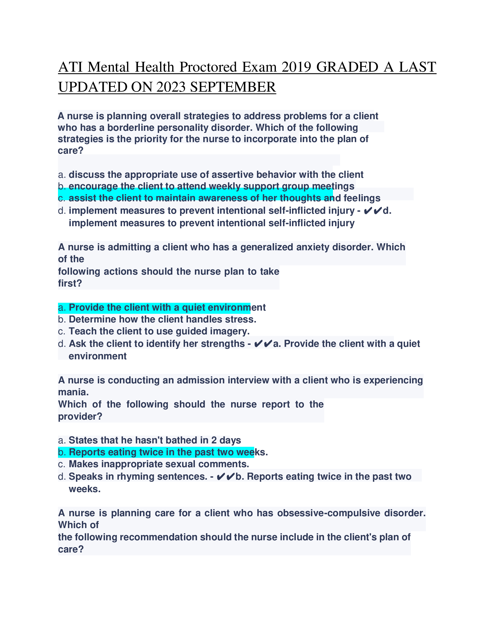 ATI Mental Health Proctored Exam 2019 GRADED A LAST  UPDATED ON 2023 SEPTEMBER