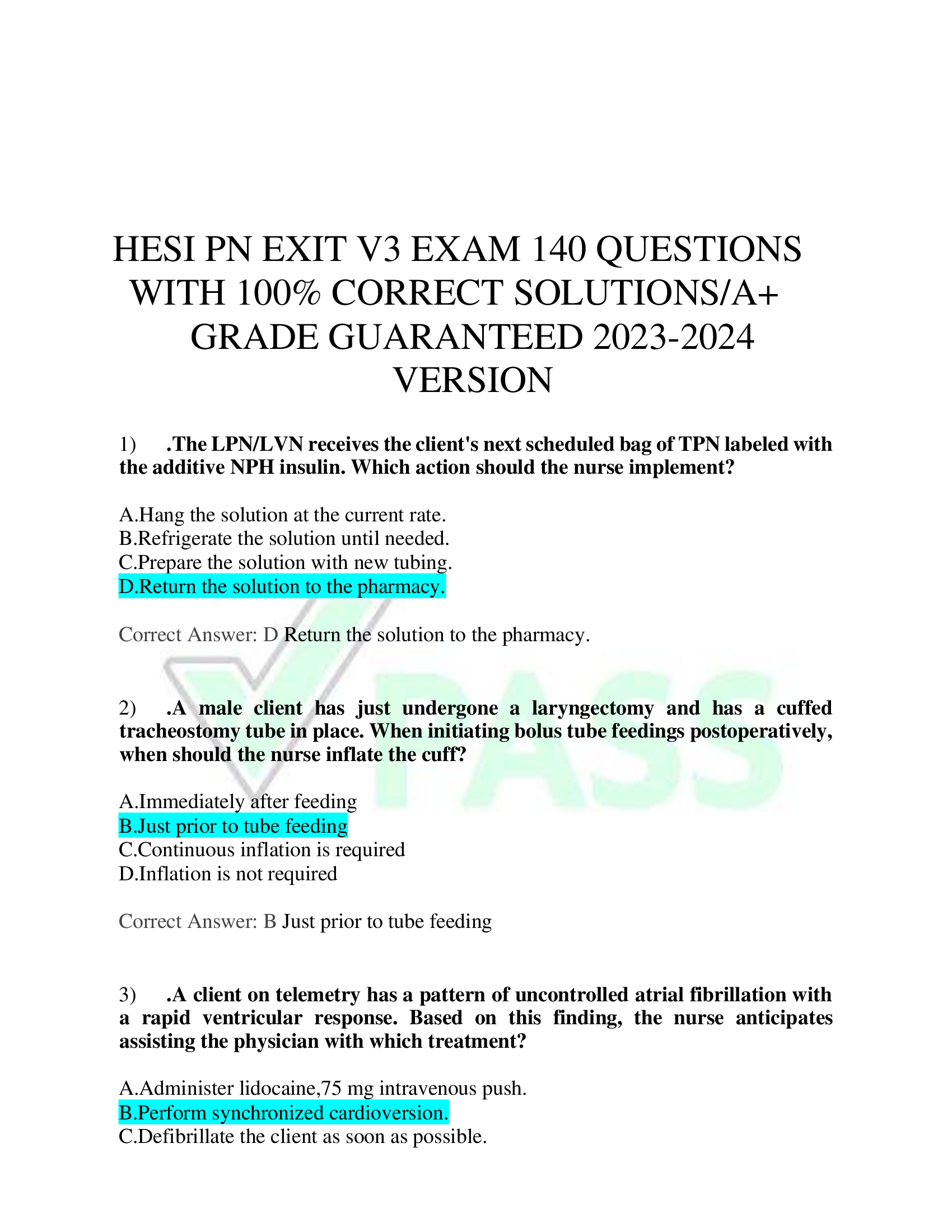 HESI PN EXIT V3 EXAM 140 QUESTIONS  WITH 100 Percent CORRECT SOLUTIONS | A+  GRADE GUARANTEED 2023-2024  VERSION