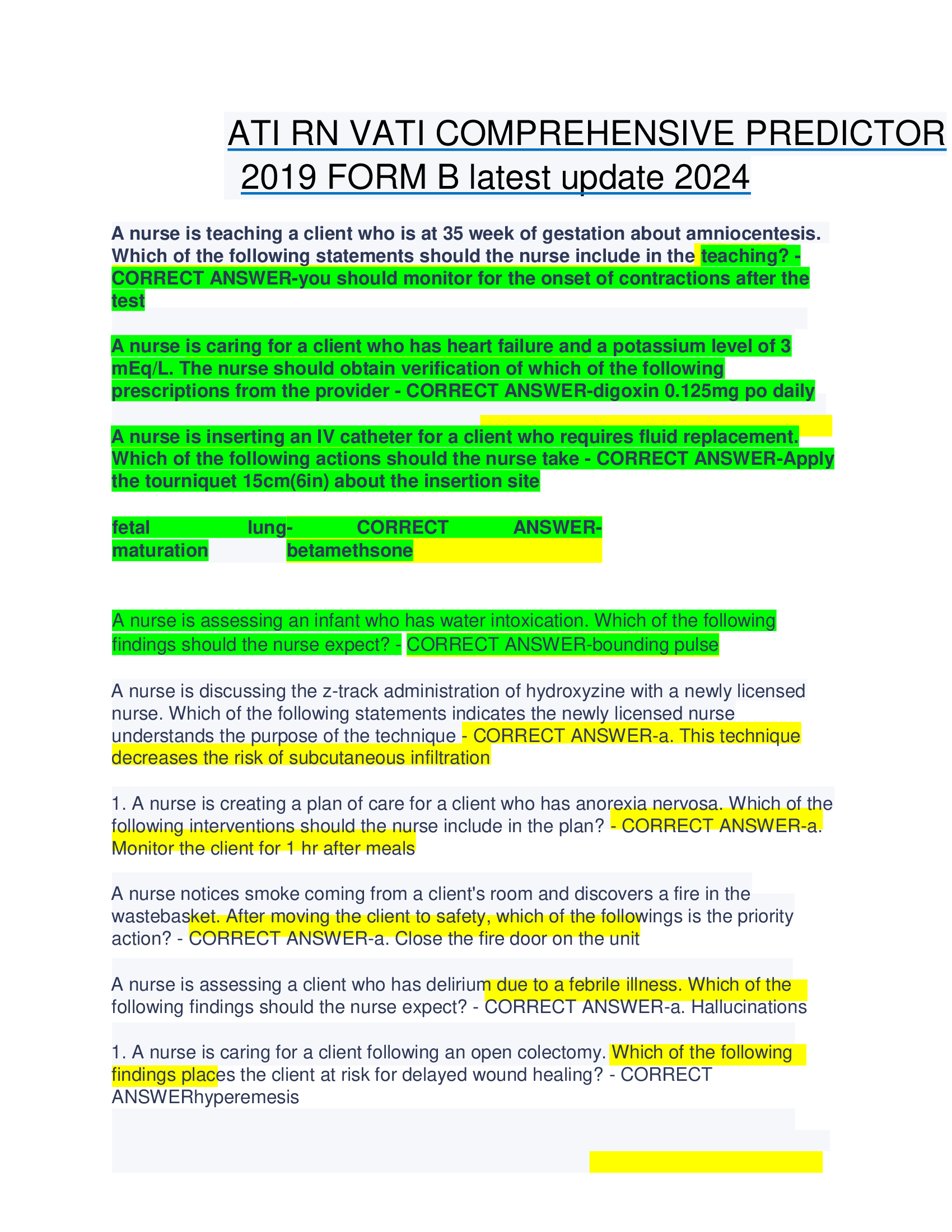 ATI RN VATI COMPREHENSIVE PREDICTOR 2019 FORM B latest update 2024