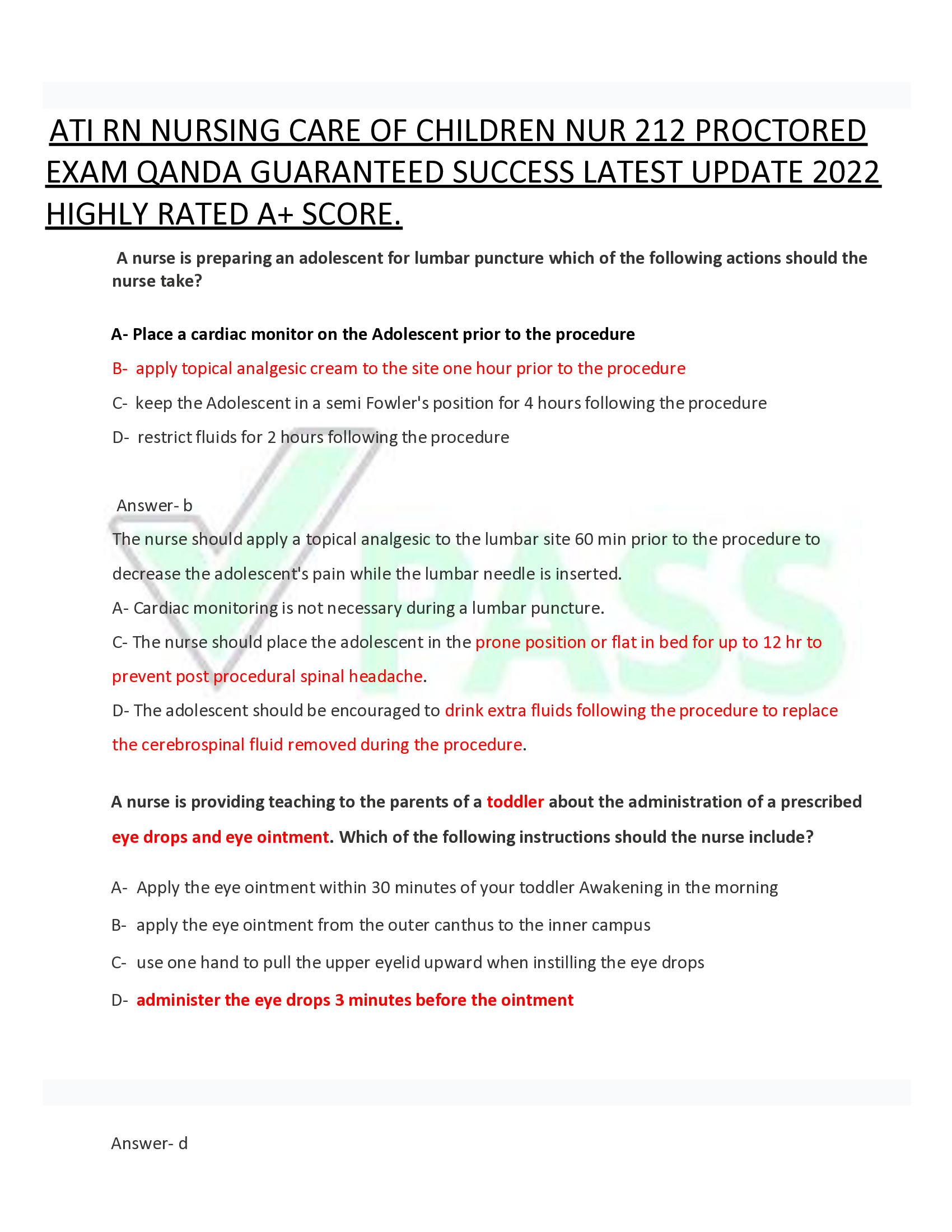ATI RN NURSING CARE OF CHILDREN NUR 212 PROCTORED  EXAM QANDA GUARANTEED SUCCESS LATEST UPDATE 2022  HIGHLY RATED A+ SCORE.