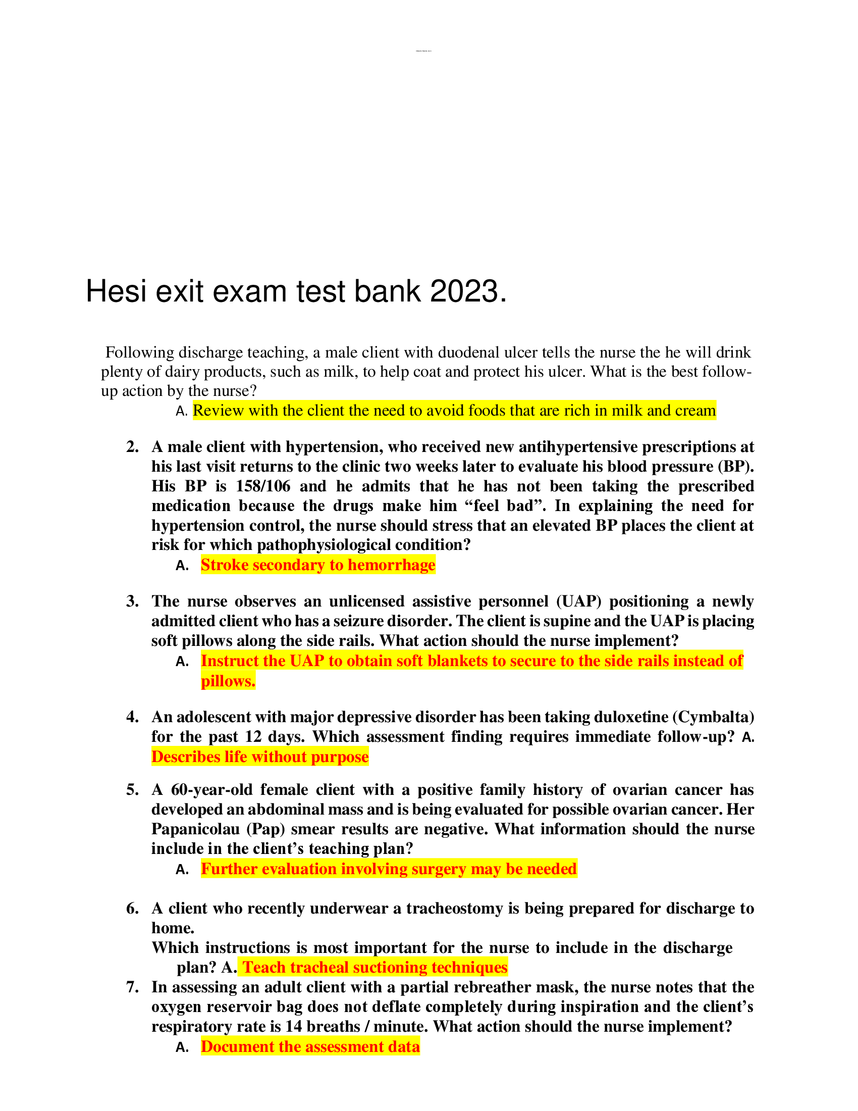 Hesi exit exam test bank 2023.
