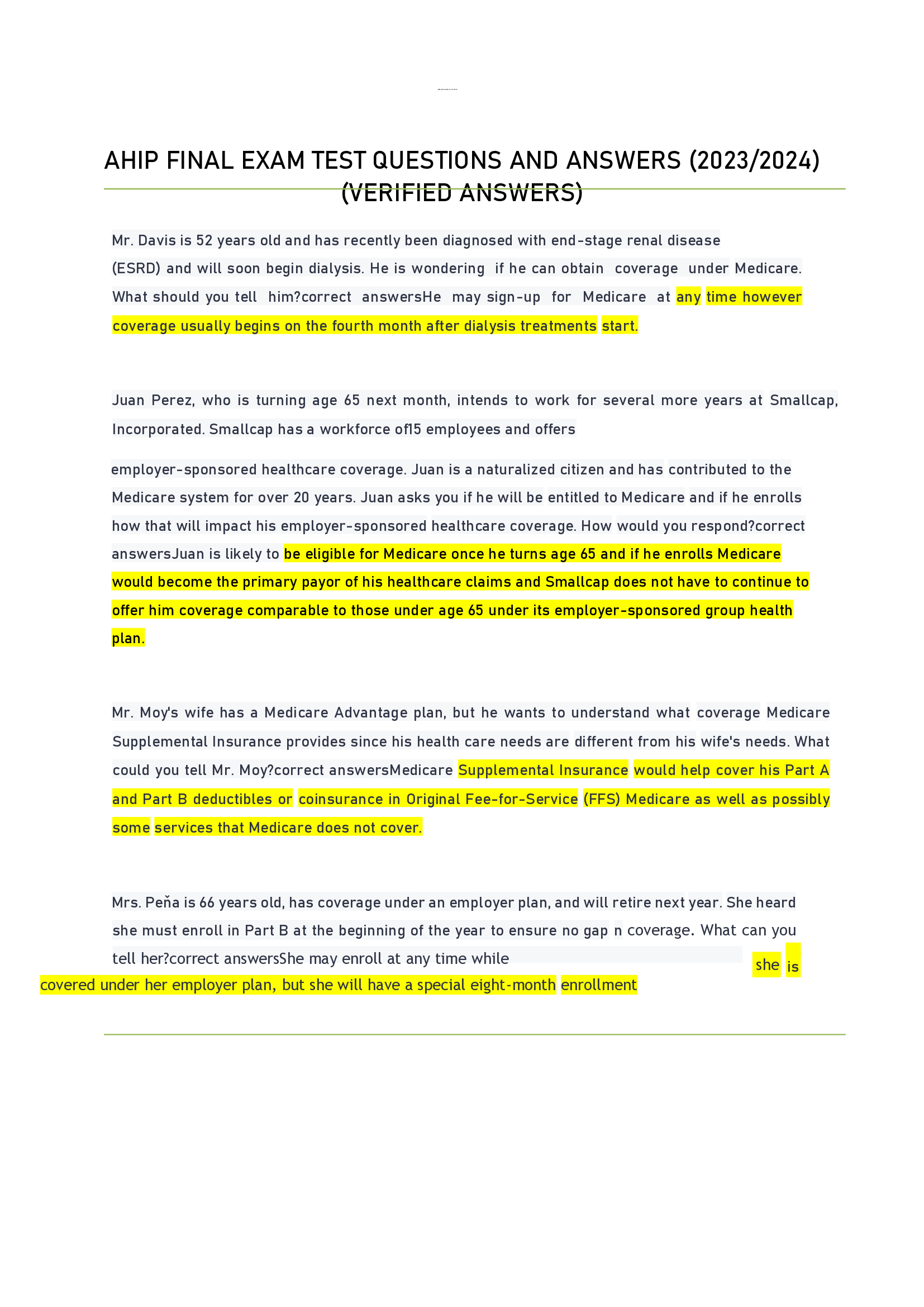 AHIP FINAL EXAM TEST QUESTIONS AND ANSWERS (2023, 2024)  (VERIFIED ANSWERS)