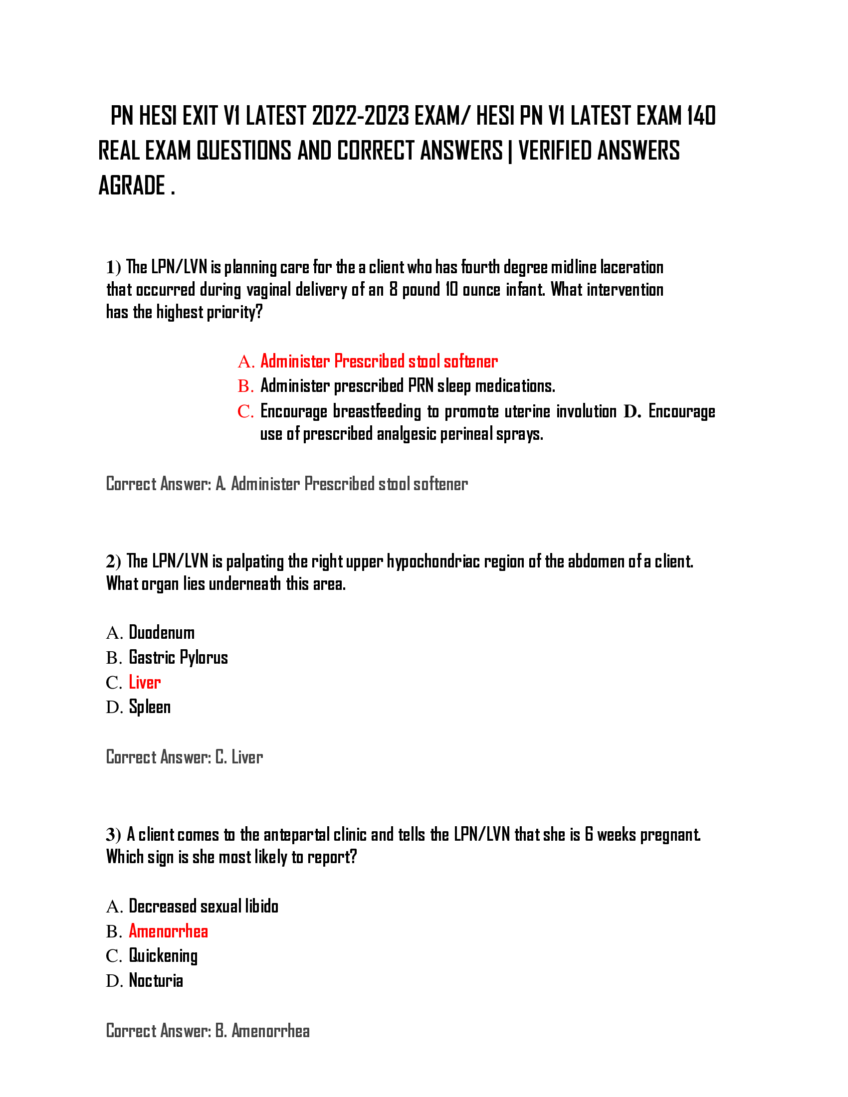 PN HESI EXIT V1 LATEST 2022-2023 EXAM, HESI PN V1 LATEST EXAM 140  REAL EXAM QUESTIONS AND CORRECT ANSWERS | VERIFIED ANSWERS  AGRADE .