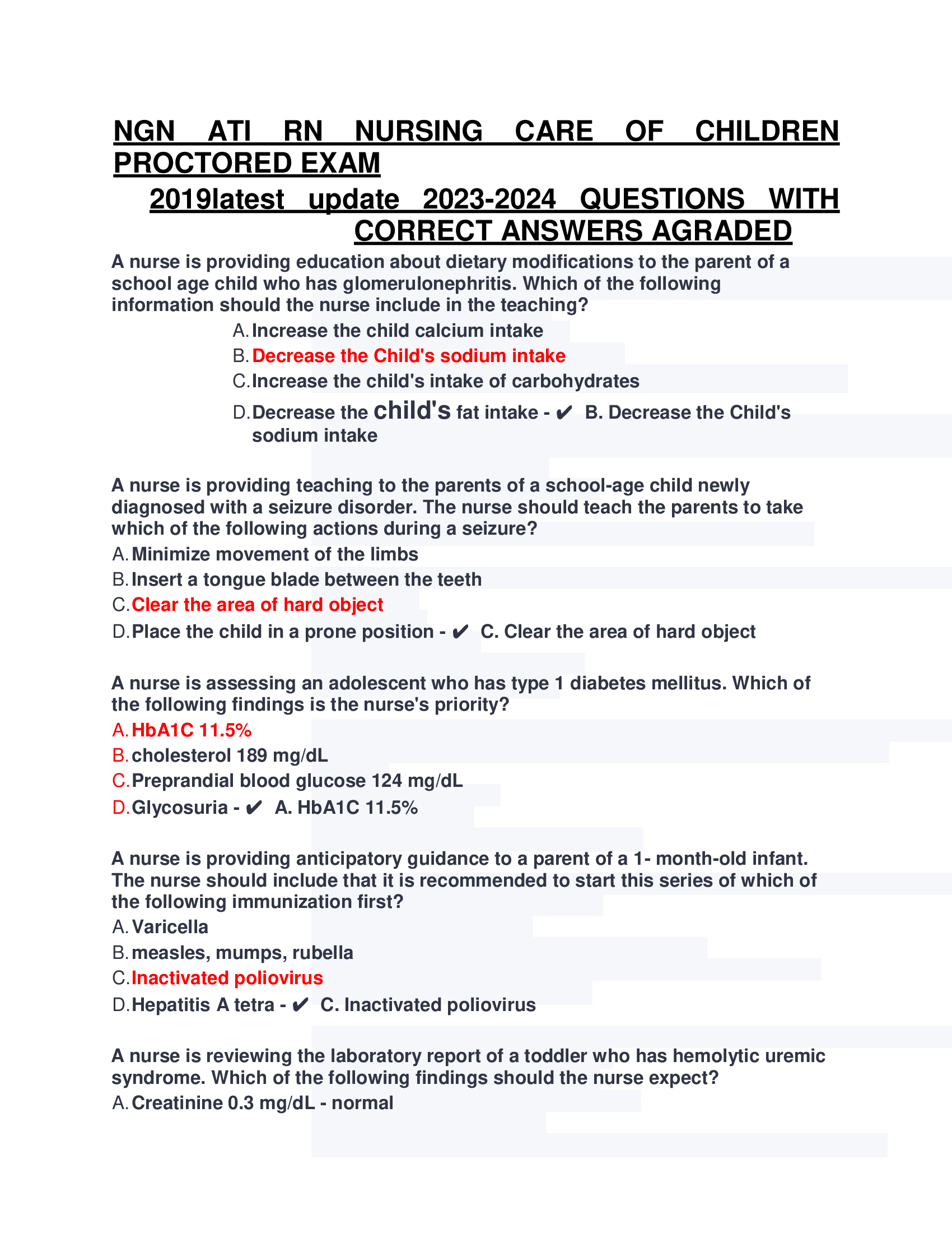 NGN ATI RN NURSING CARE OF CHILDREN  PROCTORED EXAM  2019latest update 2023-2024 QUESTIONS WITH  CORRECT ANSWERS AGRADED