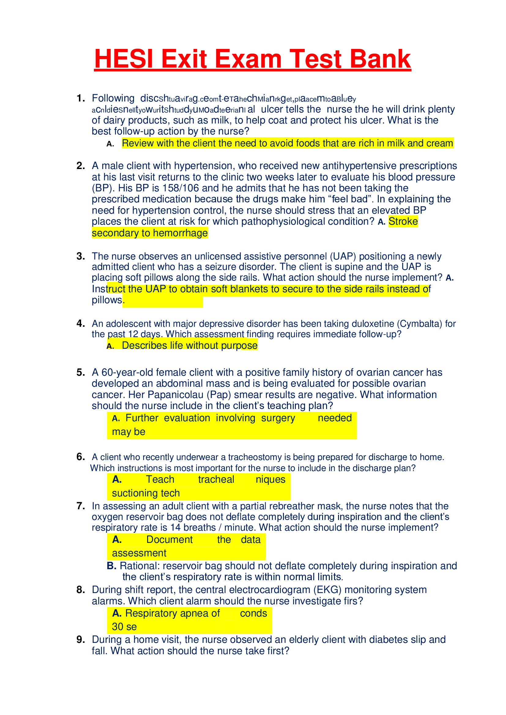 HESI Exit Exam Test Bank